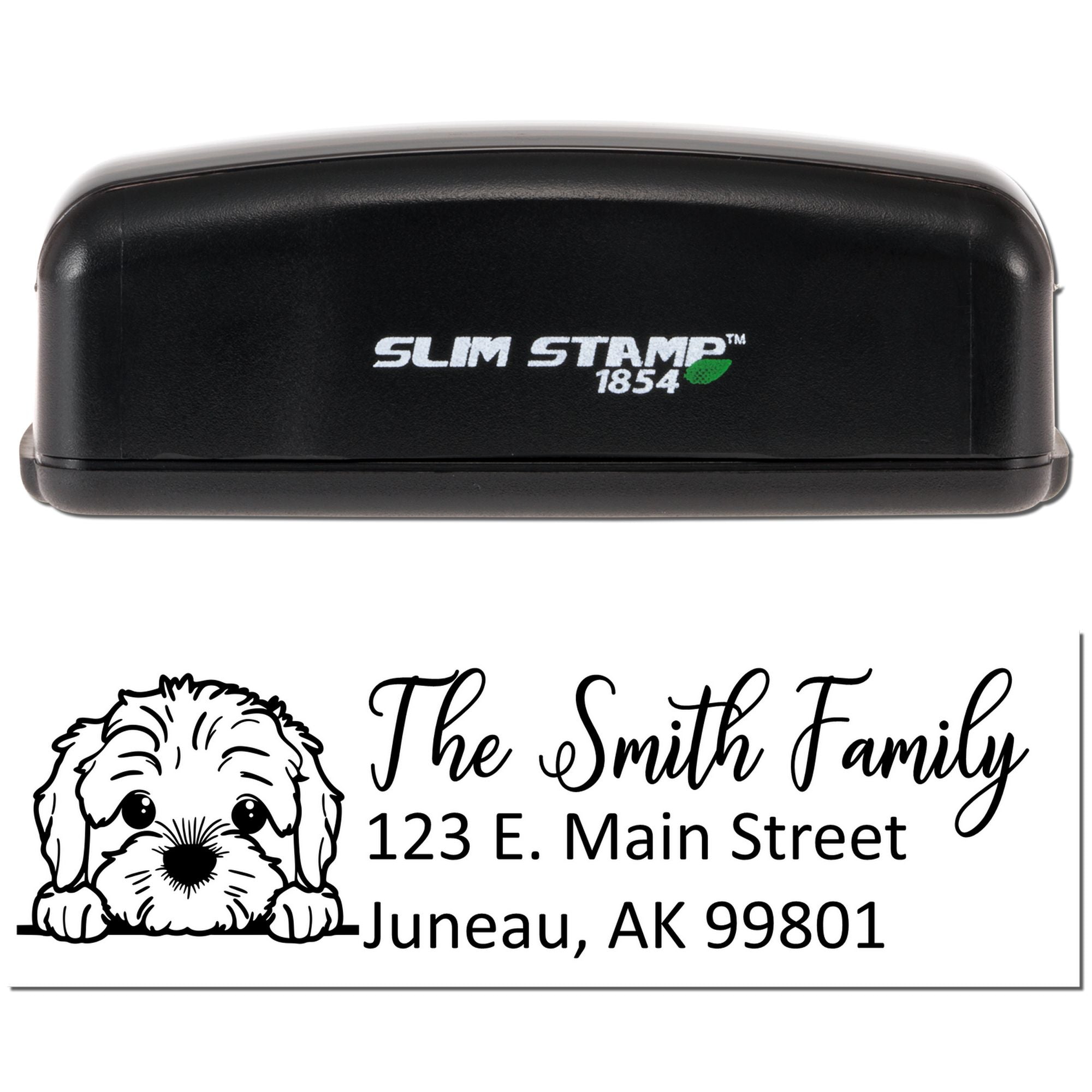 Custom address rubber stamp with dog illustration, Slim Stamp 1854, ideal for pet owner return mail.