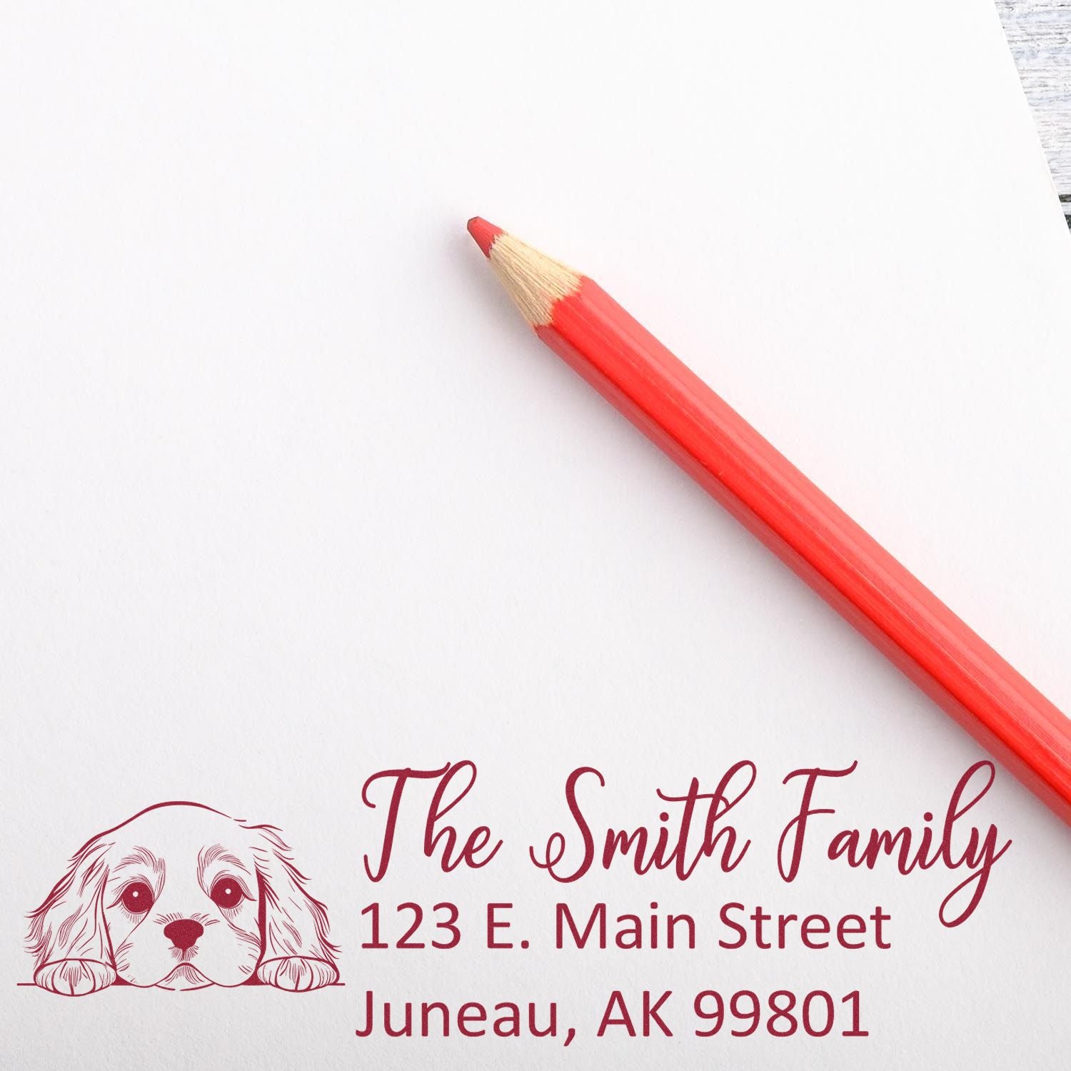 Custom dog return address rubber stamp with The Smith Family address for personalized mailing and stationery.