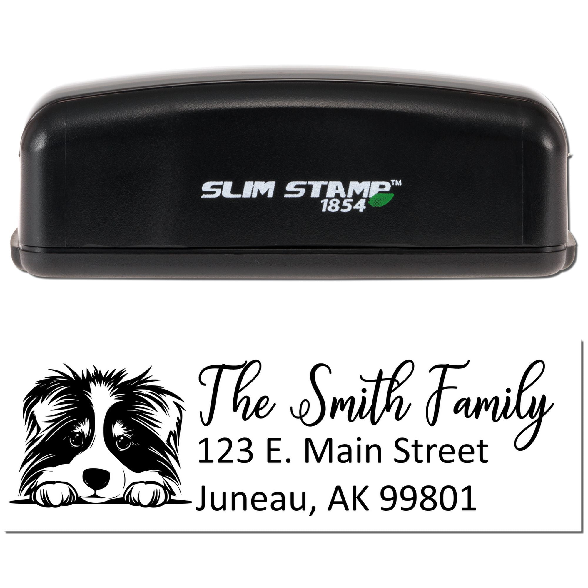 Slim Stamp 1854 custom address rubber stamp with dog design for The Smith Family, Juneau AK return address stamp.