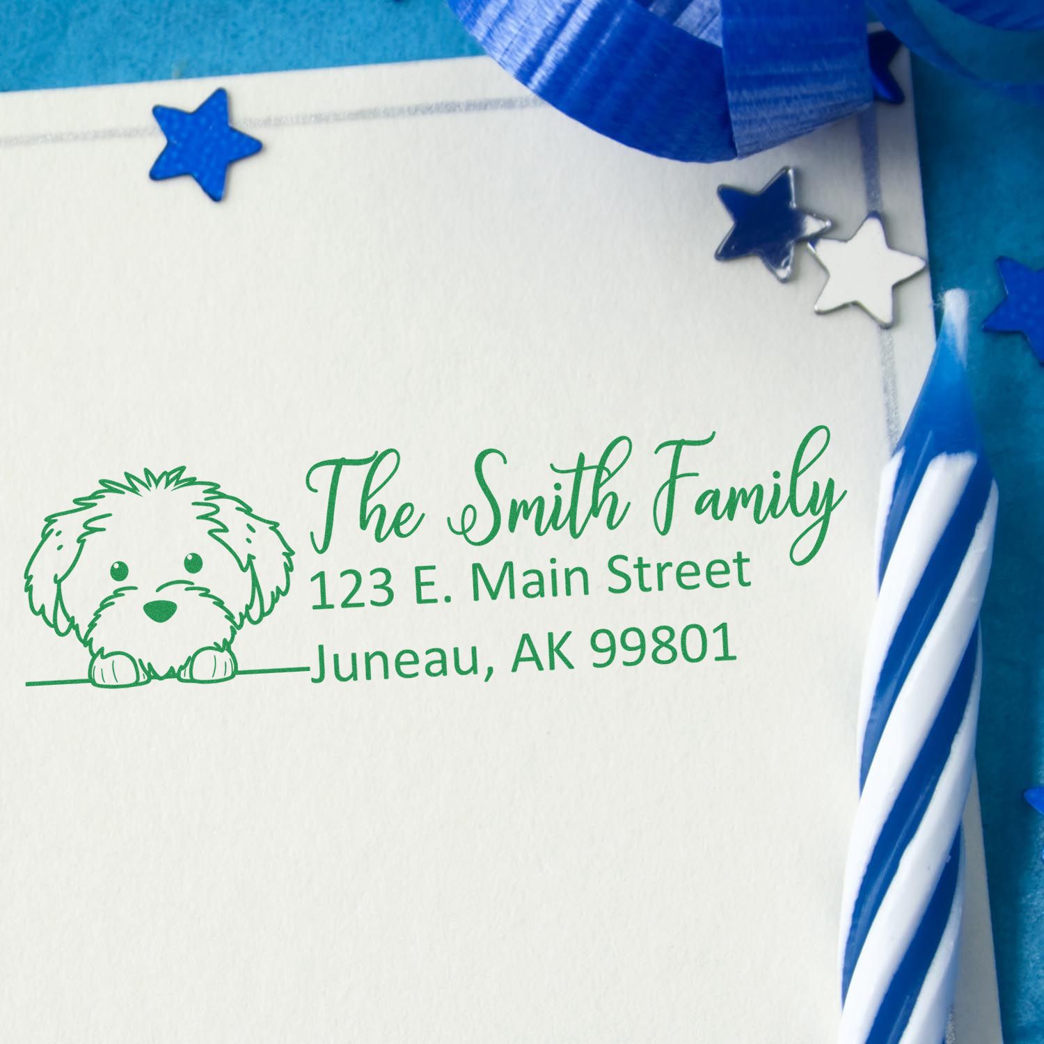 Personalized return address rubber stamp with dog design for The Smith Family, ideal for envelopes, cards, and holiday mail.