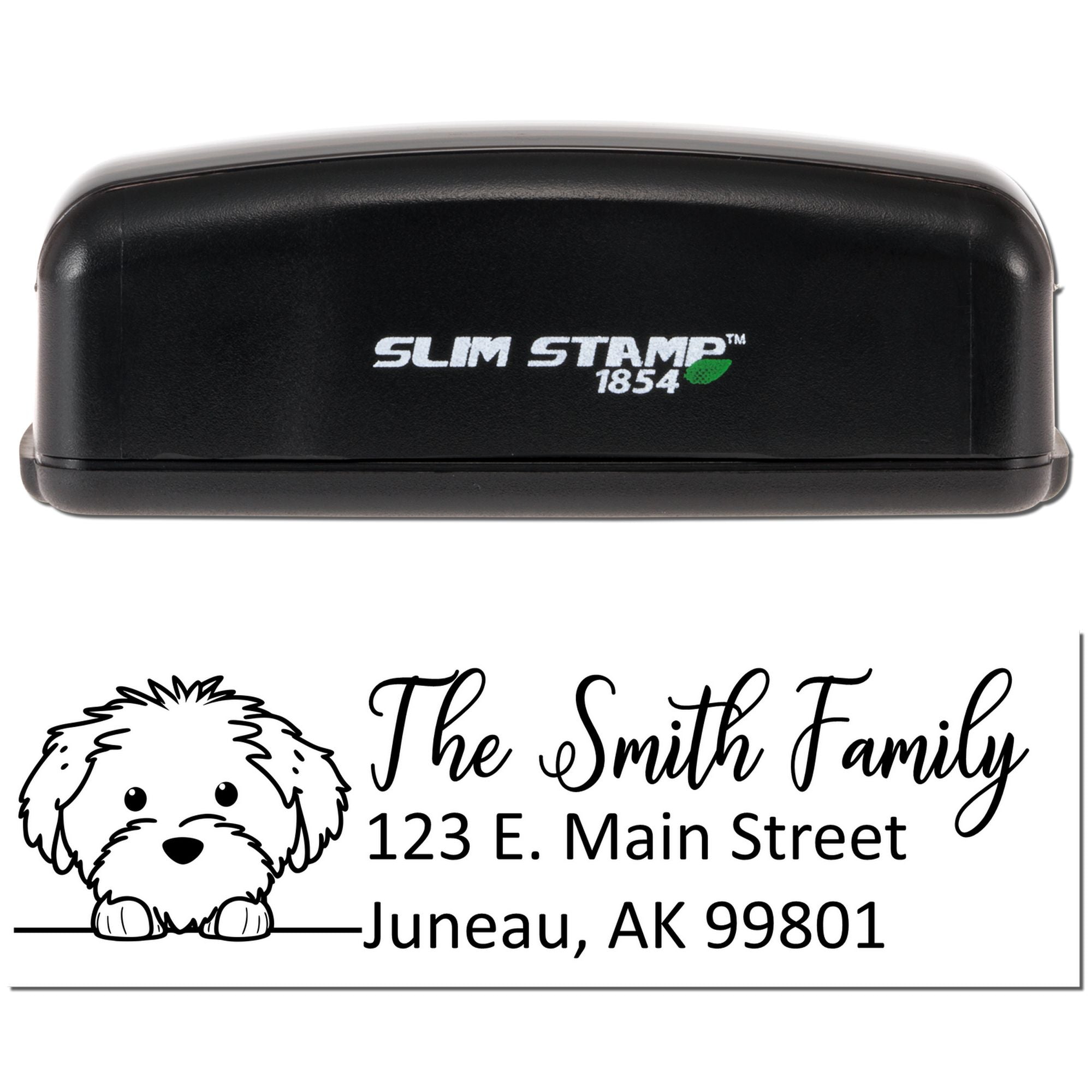 Personalized self-inking rubber address stamp with dog logo for The Smith Family, Juneau, AK