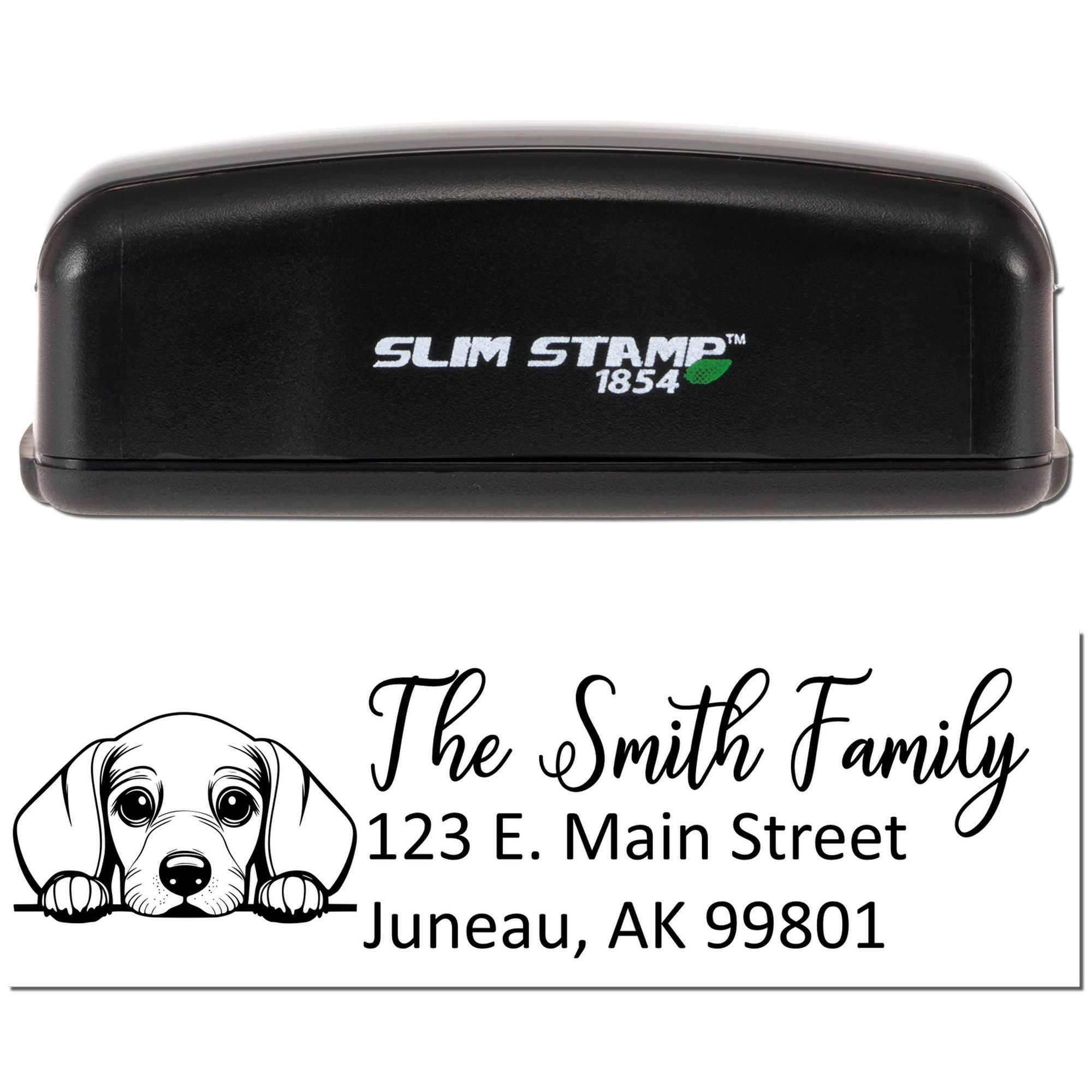 Personalized dog-themed return address rubber stamp by Slim Stamp 1854 for envelopes, featuring family name and mailing address.