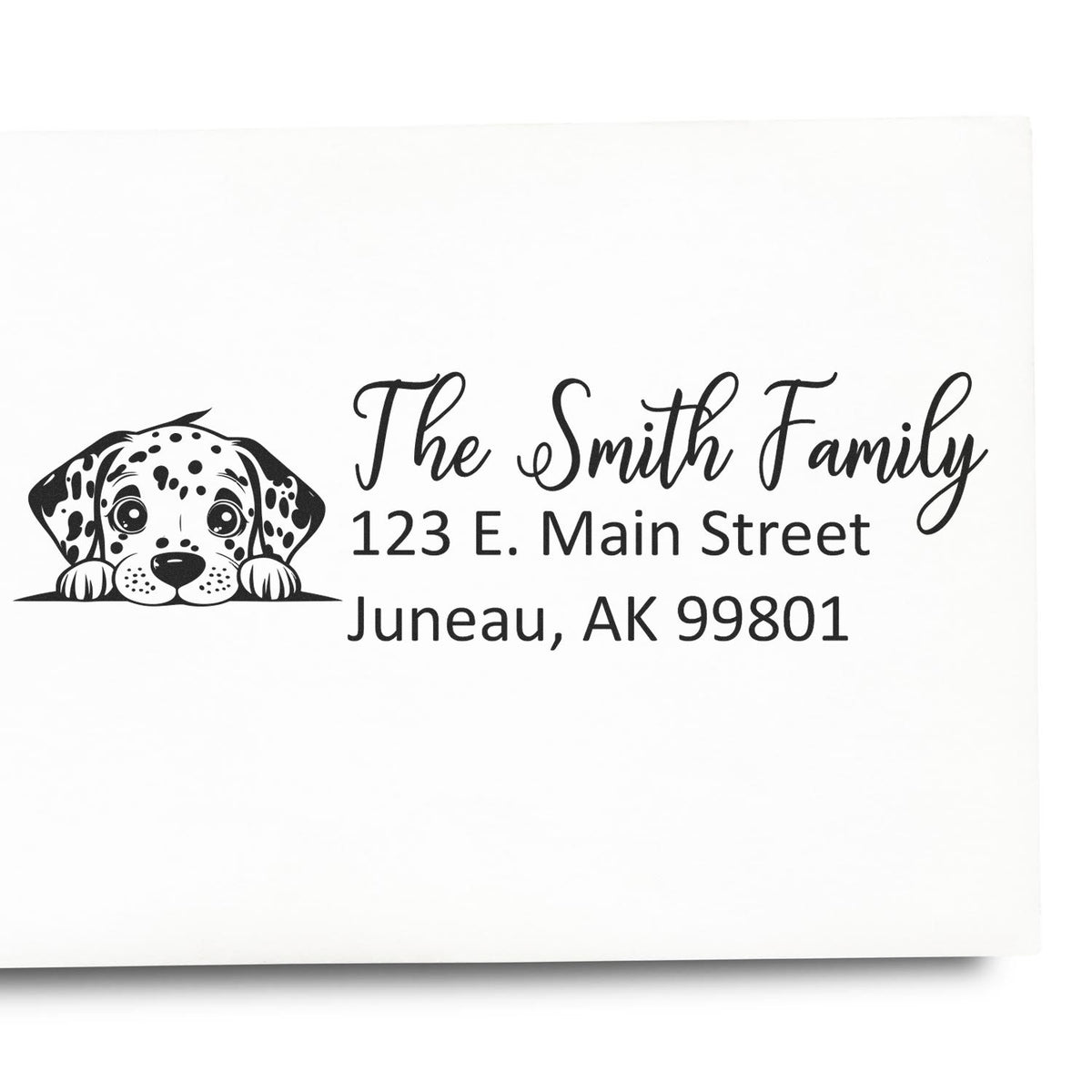Custom Dalmatian return address rubber stamp with Smith family name and Juneau, AK address.