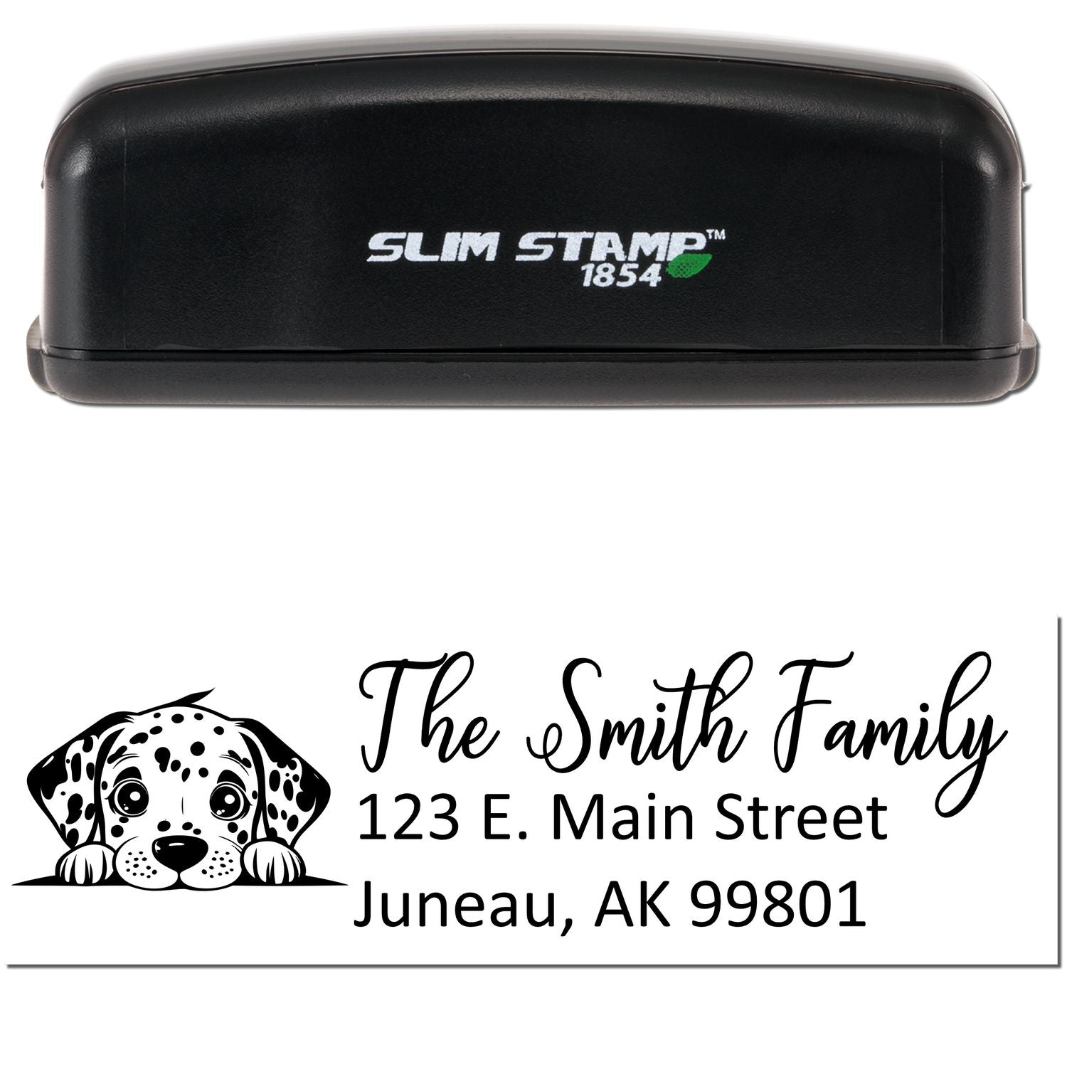 Custom self-inking rubber address stamp with Dalmatian design for personalized family return mail and envelopes.