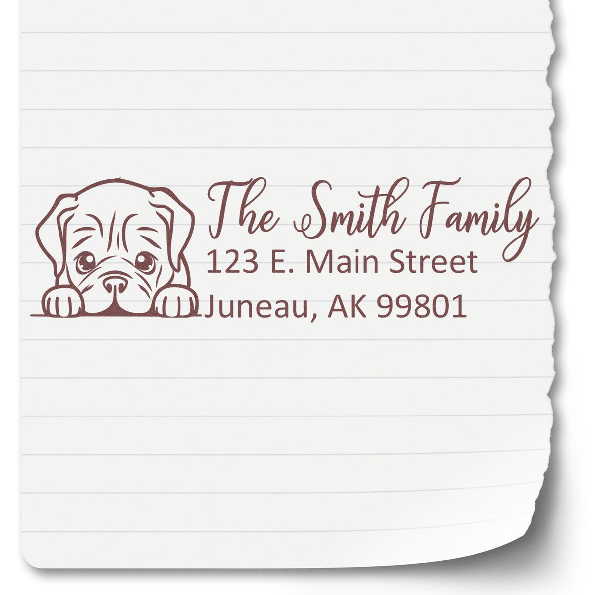 Personalized dog family return address rubber stamp with The Smith Family, 123 E. Main Street, Juneau, AK 99801