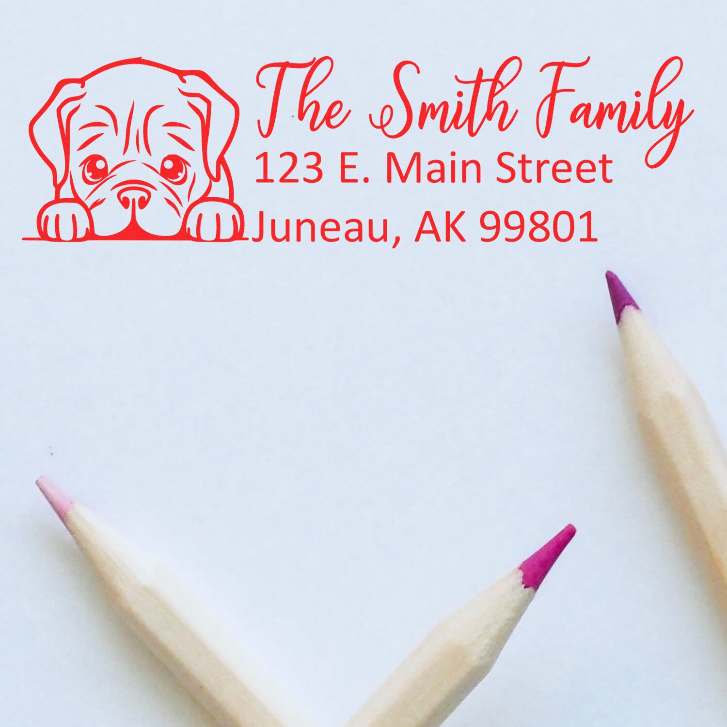 Custom return address rubber stamp with dog illustration for The Smith Family, Juneau, AK.