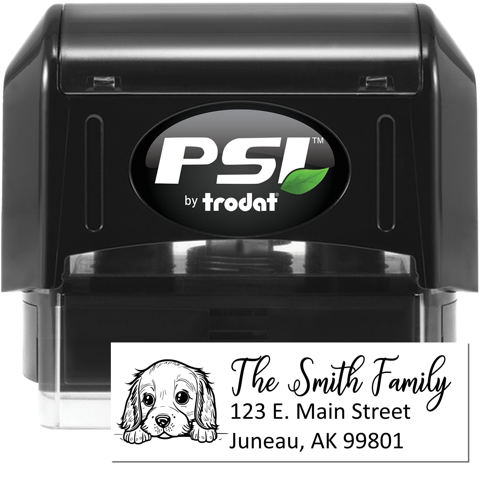 PSI by Trodat self-inking rubber stamp with custom family address and dog illustration for personalized mailing.