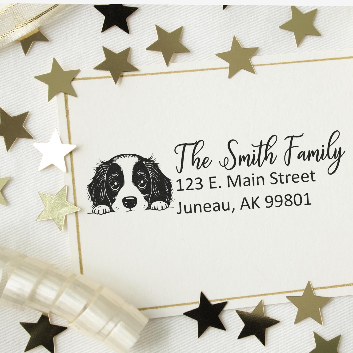 Personalized dog return address rubber stamp with The Smith Family name and Juneau, AK address for custom mailing envelopes