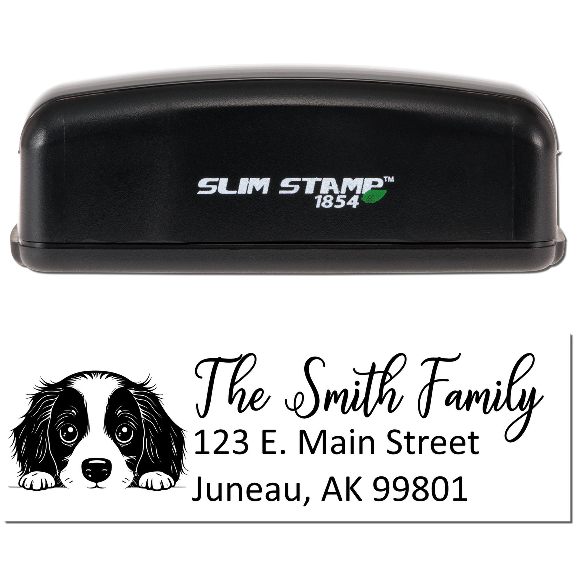 Custom self-inking rubber address stamp with dog illustration and The Smith Family return address, using Slim Stamp 1854.