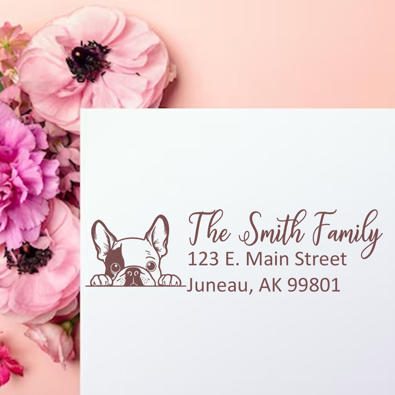Personalized French bulldog return address rubber stamp for The Smith Family, with custom name and address for envelopes.
