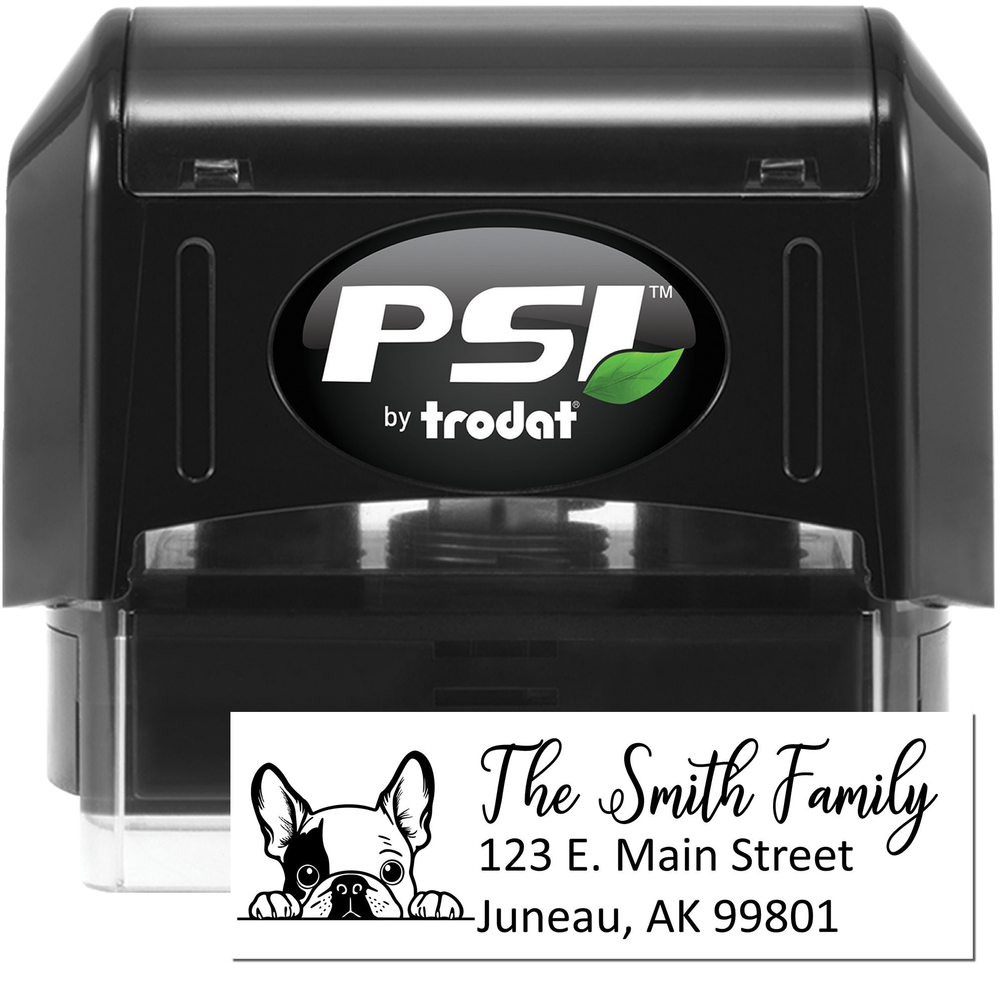 Custom PSI by Trodat self-inking rubber stamp with dog graphic and return address for family mail.