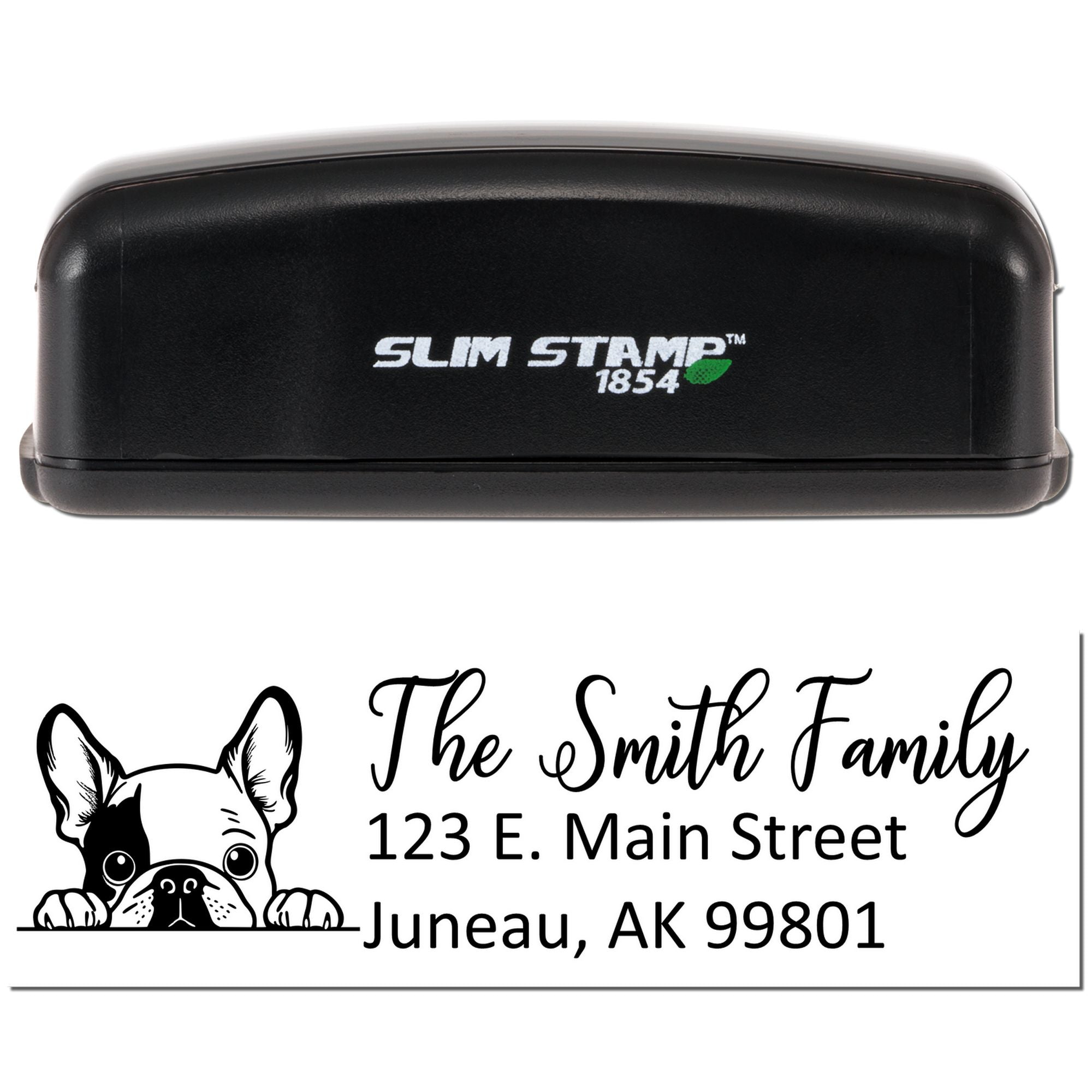 Custom self-inking rubber address stamp with dog illustration and personalized family return address design.