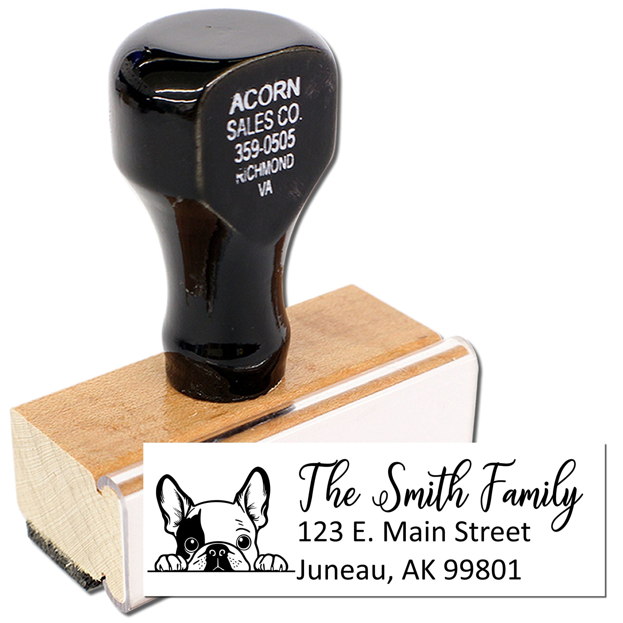 Custom family address rubber stamp with dog design for personalized return mail, featuring The Smith Family, Juneau, AK