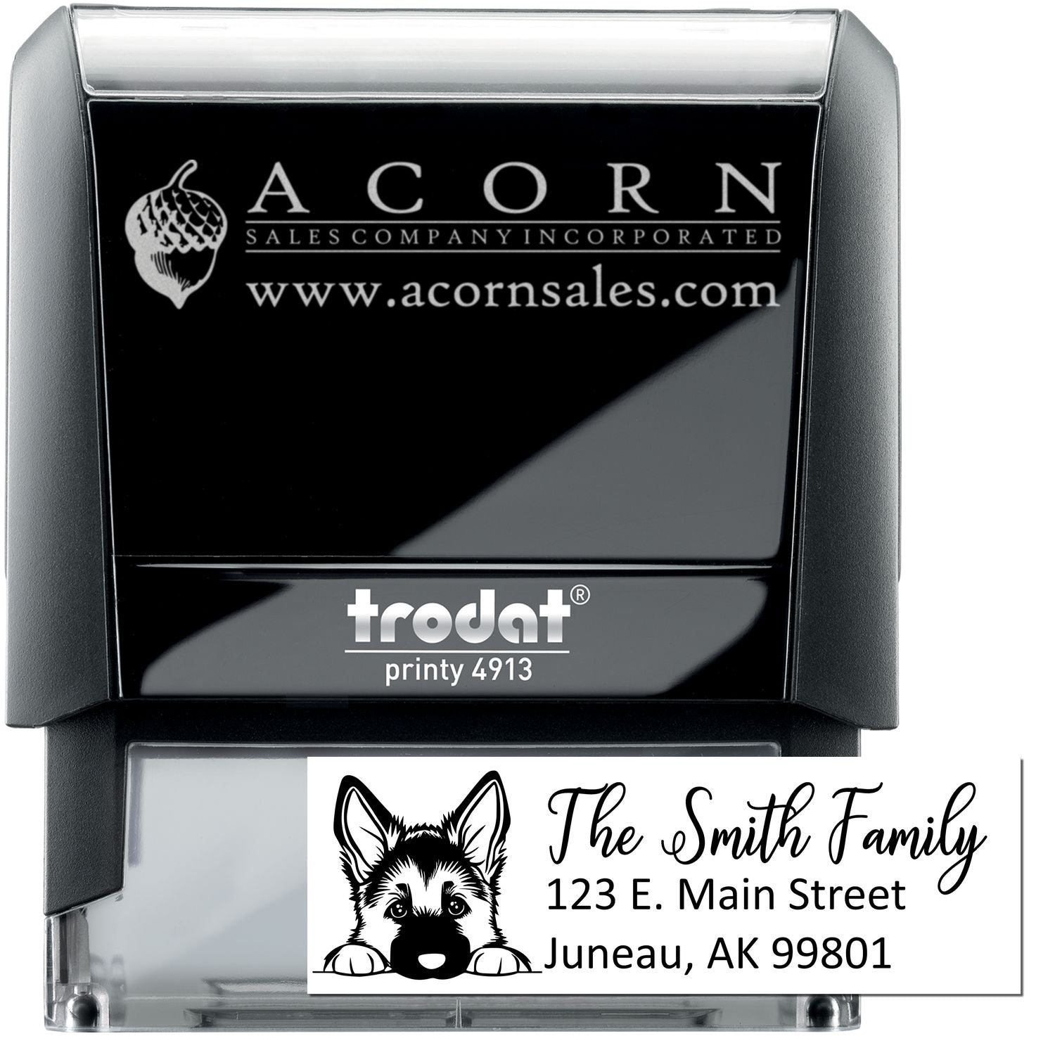 Custom self-inking rubber stamp with Acorn Sales logo and personalized return address stamp sample, Trodat Printy 4913.
