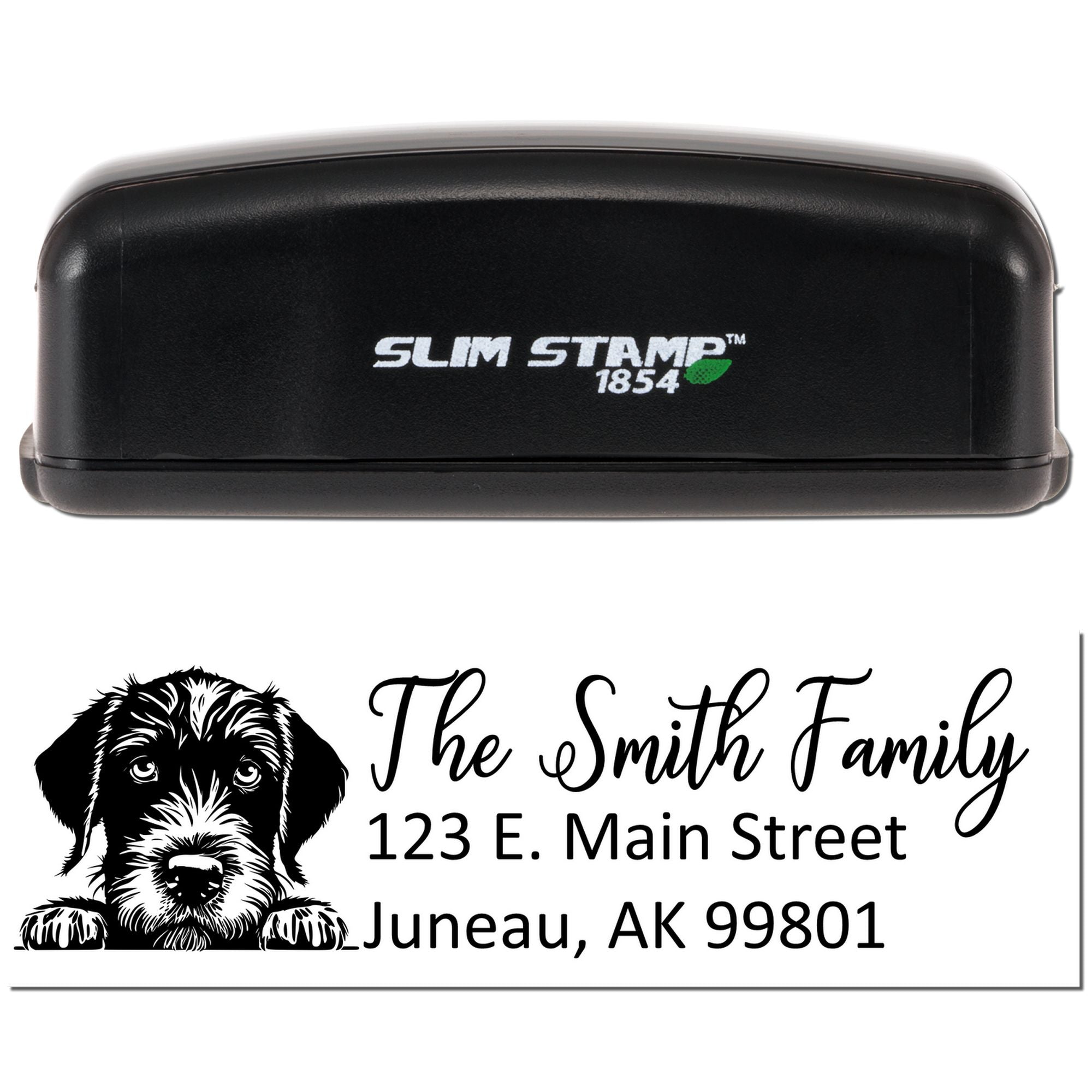 Custom Slim Stamp 1854 self-inking rubber stamp with dog portrait, family name, and address for personalized mailing.