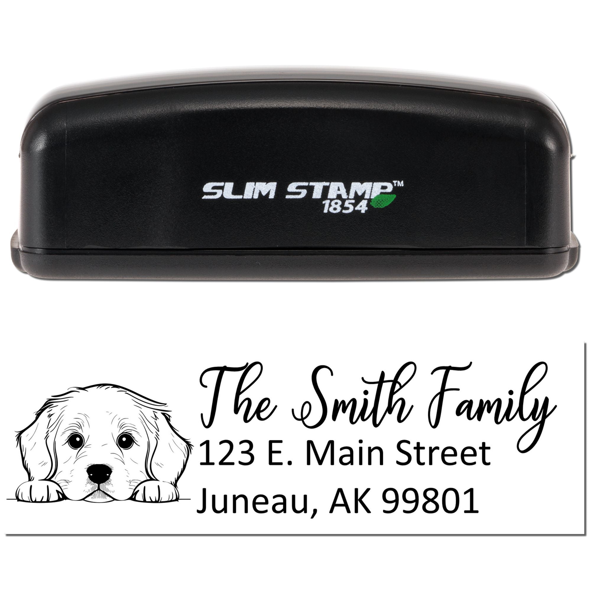 Slim Stamp 1854 custom address rubber stamp with dog illustration for The Smith Family mailing envelopes.
