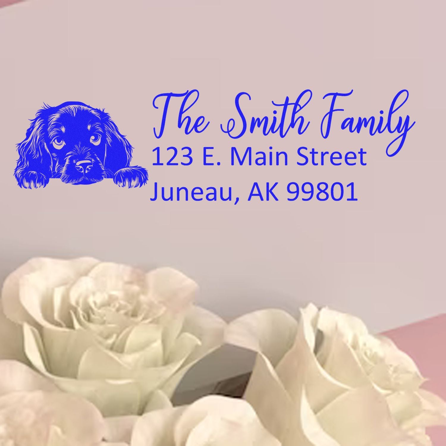 Custom dog return address rubber stamp with family name and mailing address for personalized envelopes and stationery.