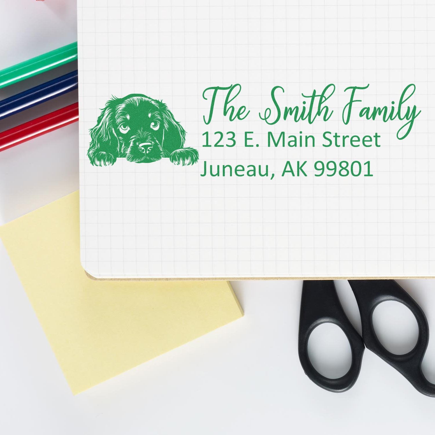 Personalized return address rubber stamp with dog design and Smith family mailing address for envelopes.
