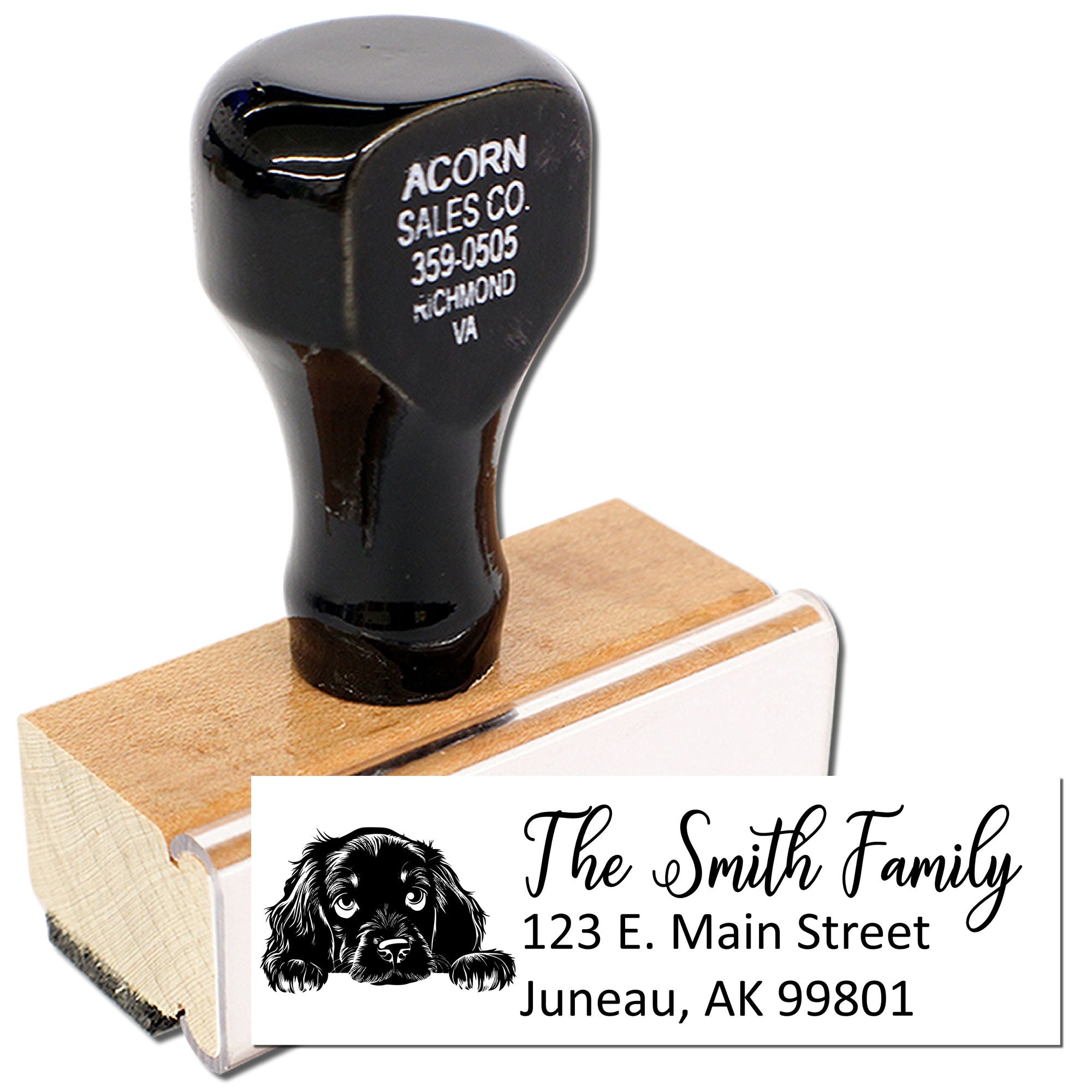 Custom address rubber stamp with dog illustration for The Smith Family, 123 E. Main Street, Juneau, AK 99801.