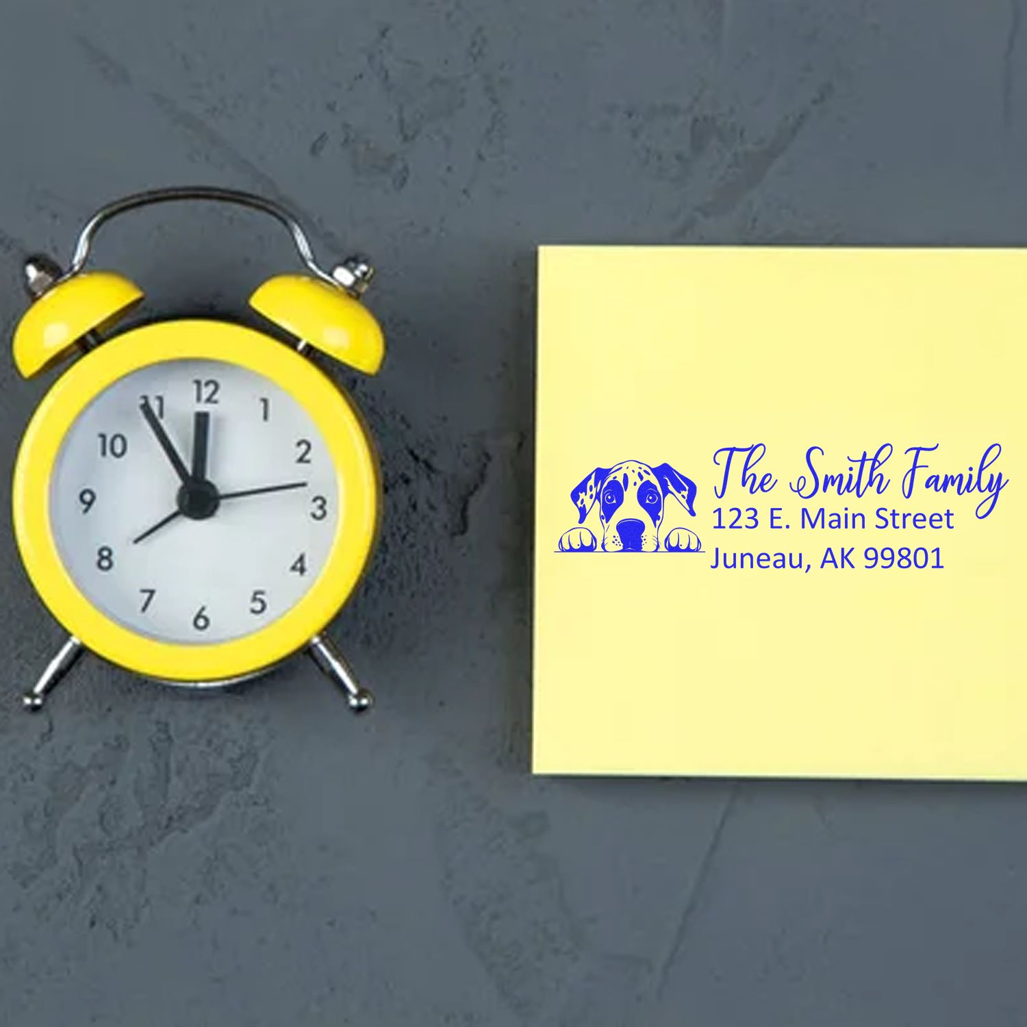 Personalized return address rubber stamp with dog icon for The Smith Family, Juneau, AK