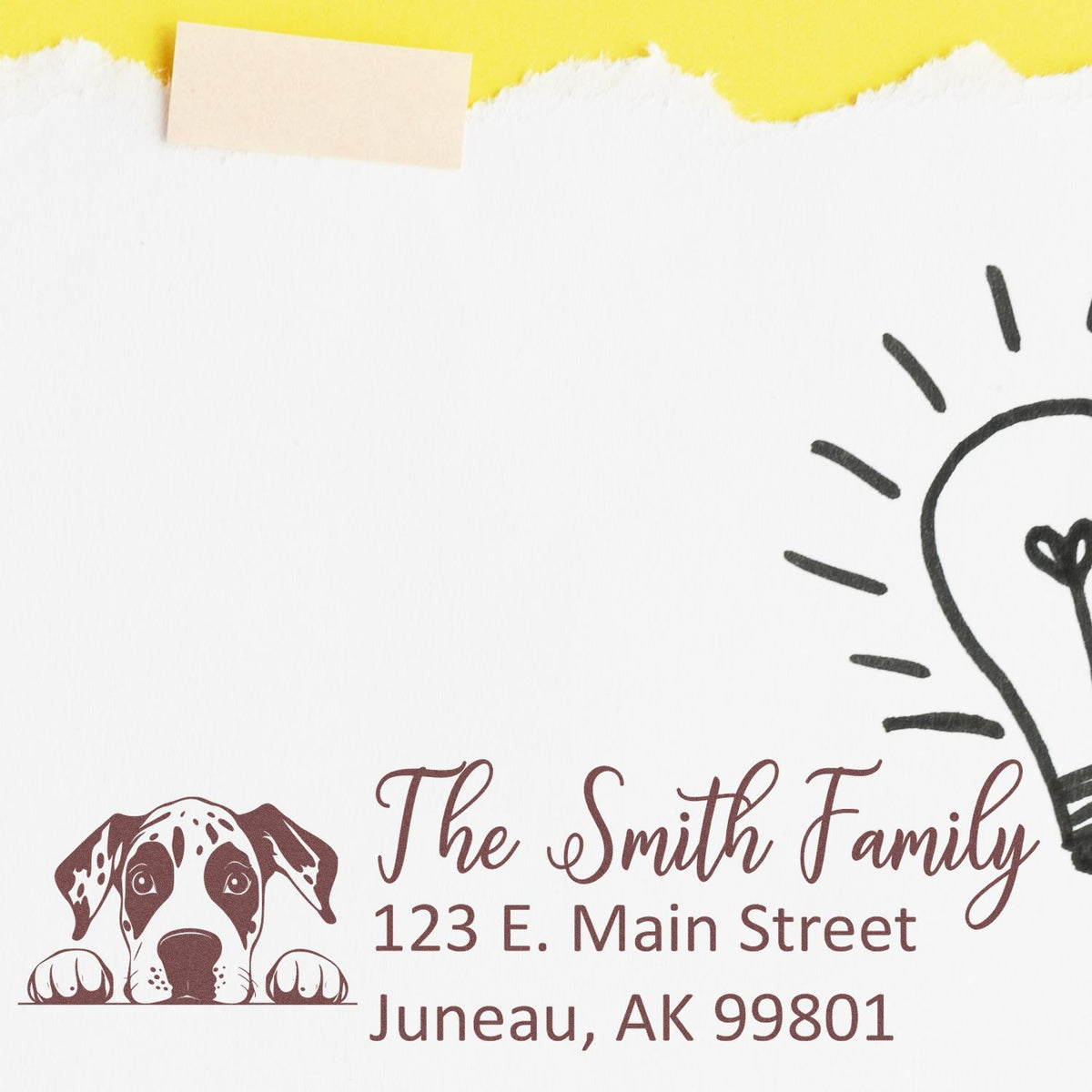 Custom rubber address stamp with dog design for The Smith Family, 123 E. Main Street, Juneau, AK 99801.