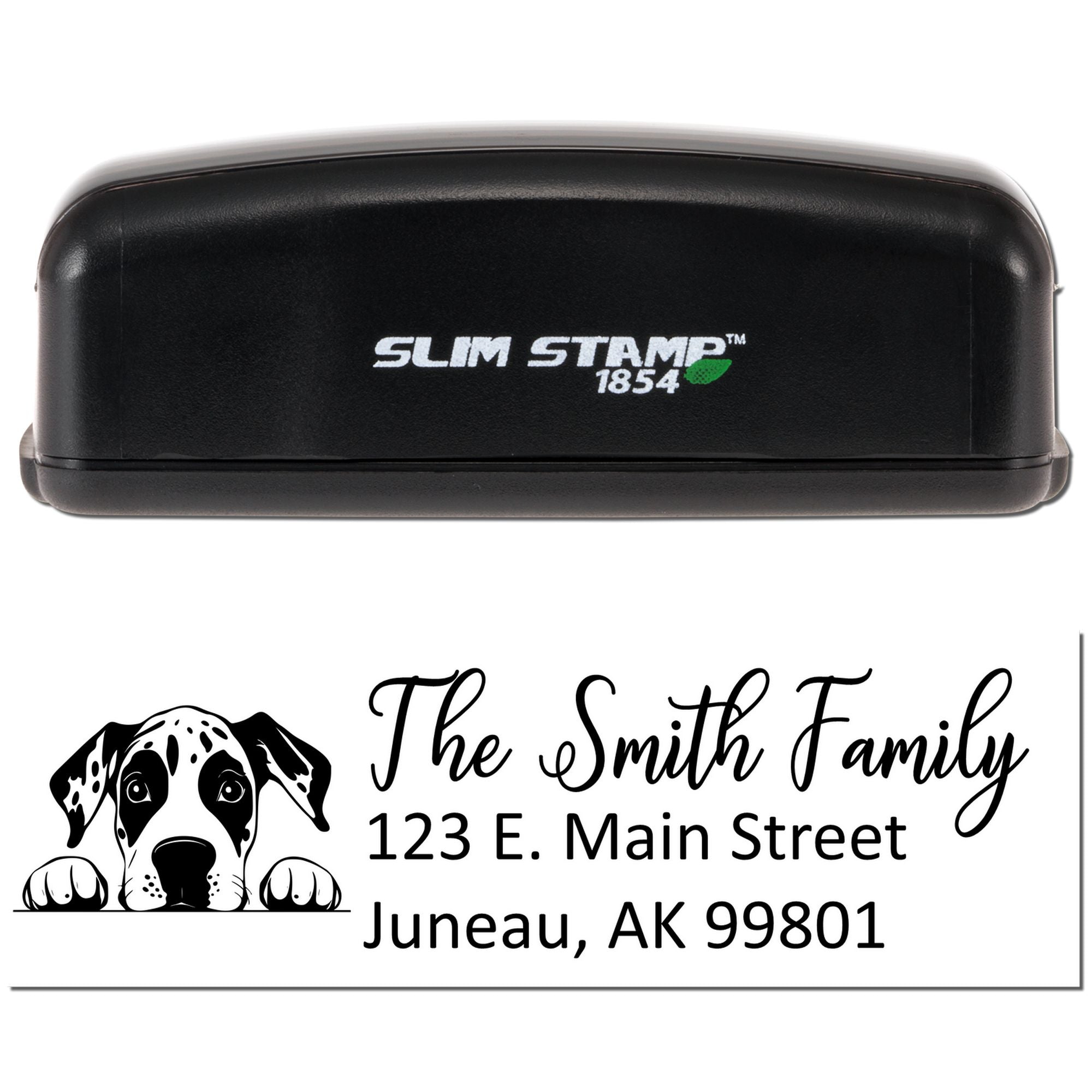 Custom Slim Stamp 1854 self-inking rubber stamp with dog design and Smith Family address in Juneau, AK 99801.