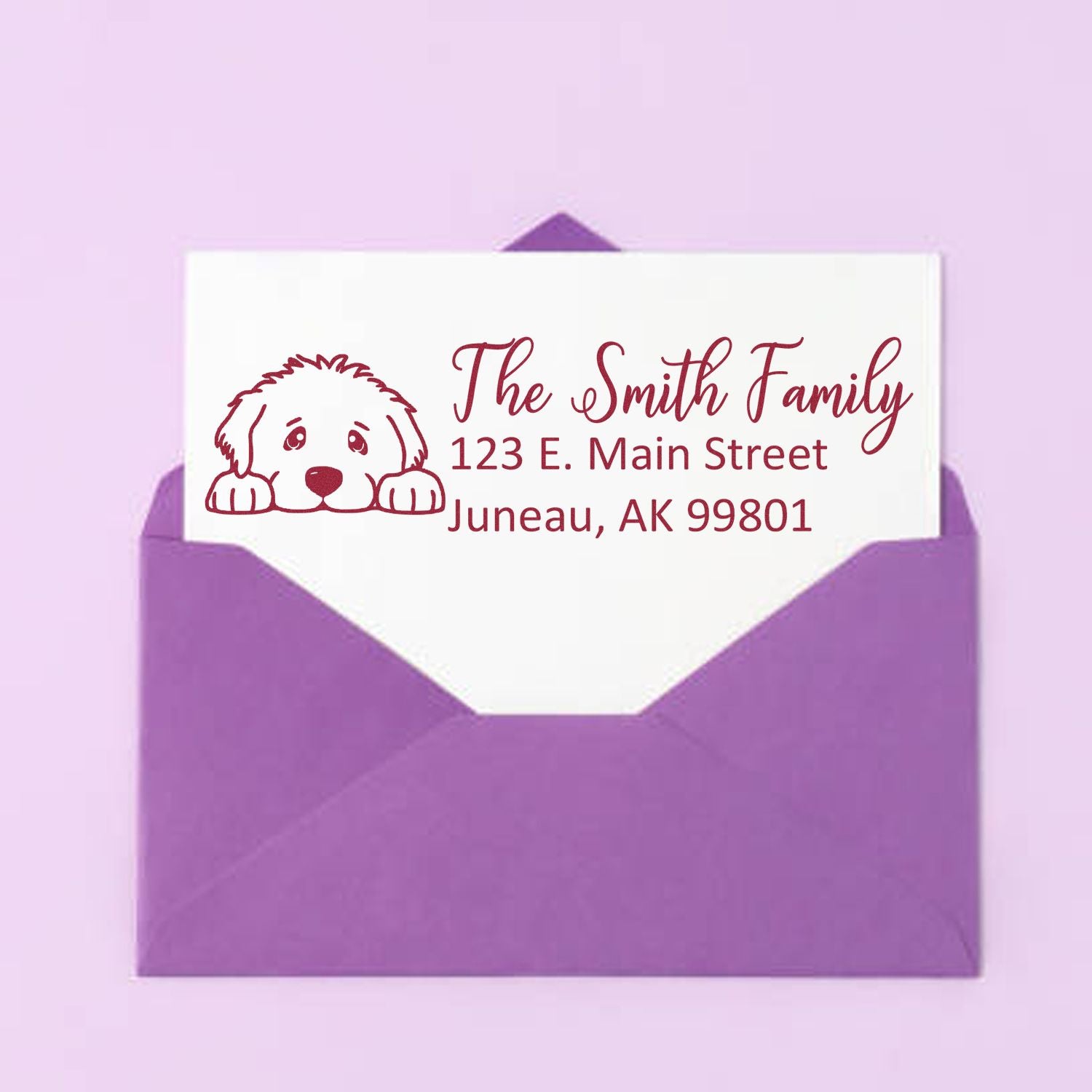 Custom dog return address rubber stamp for The Smith Family, featuring name and address for personalized envelope labeling.