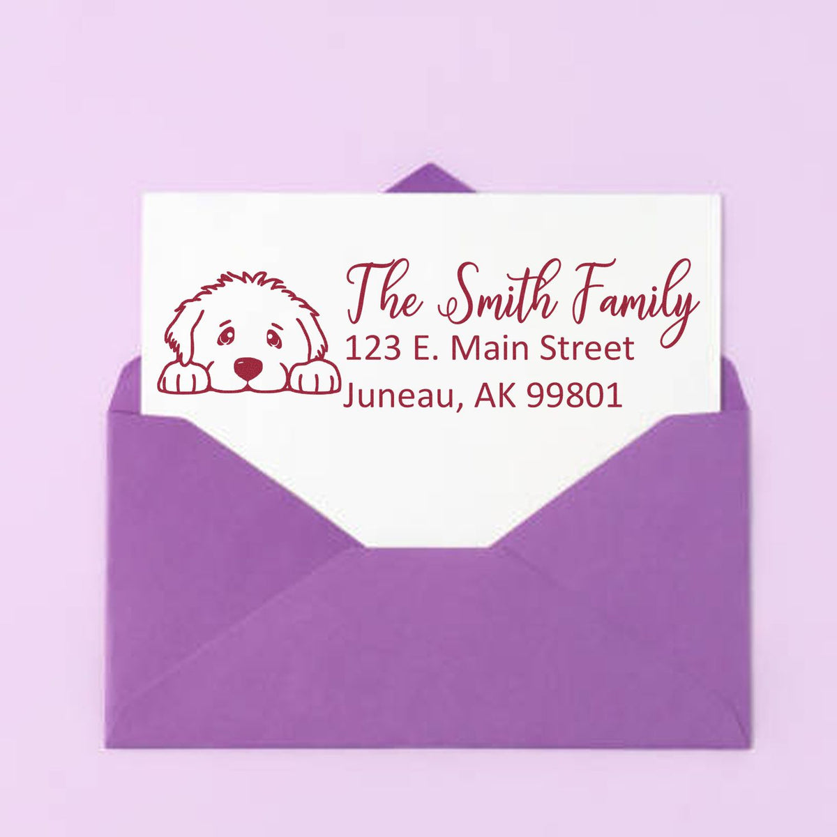 Custom dog return address rubber stamp for The Smith Family, featuring pet portrait and Juneau, AK address
