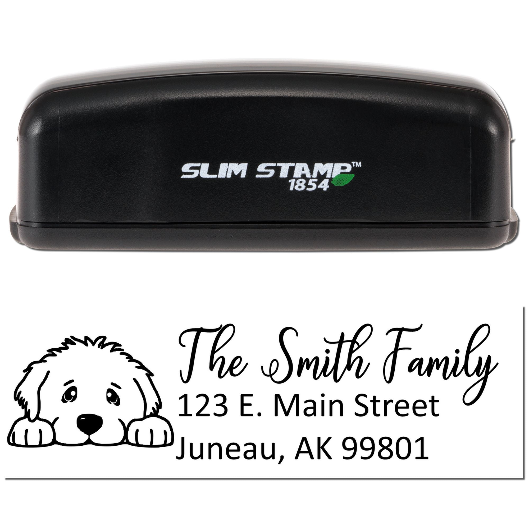 Slim Stamp 1854 custom address rubber stamp with dog illustration, personalized for The Smith Family in Juneau, AK