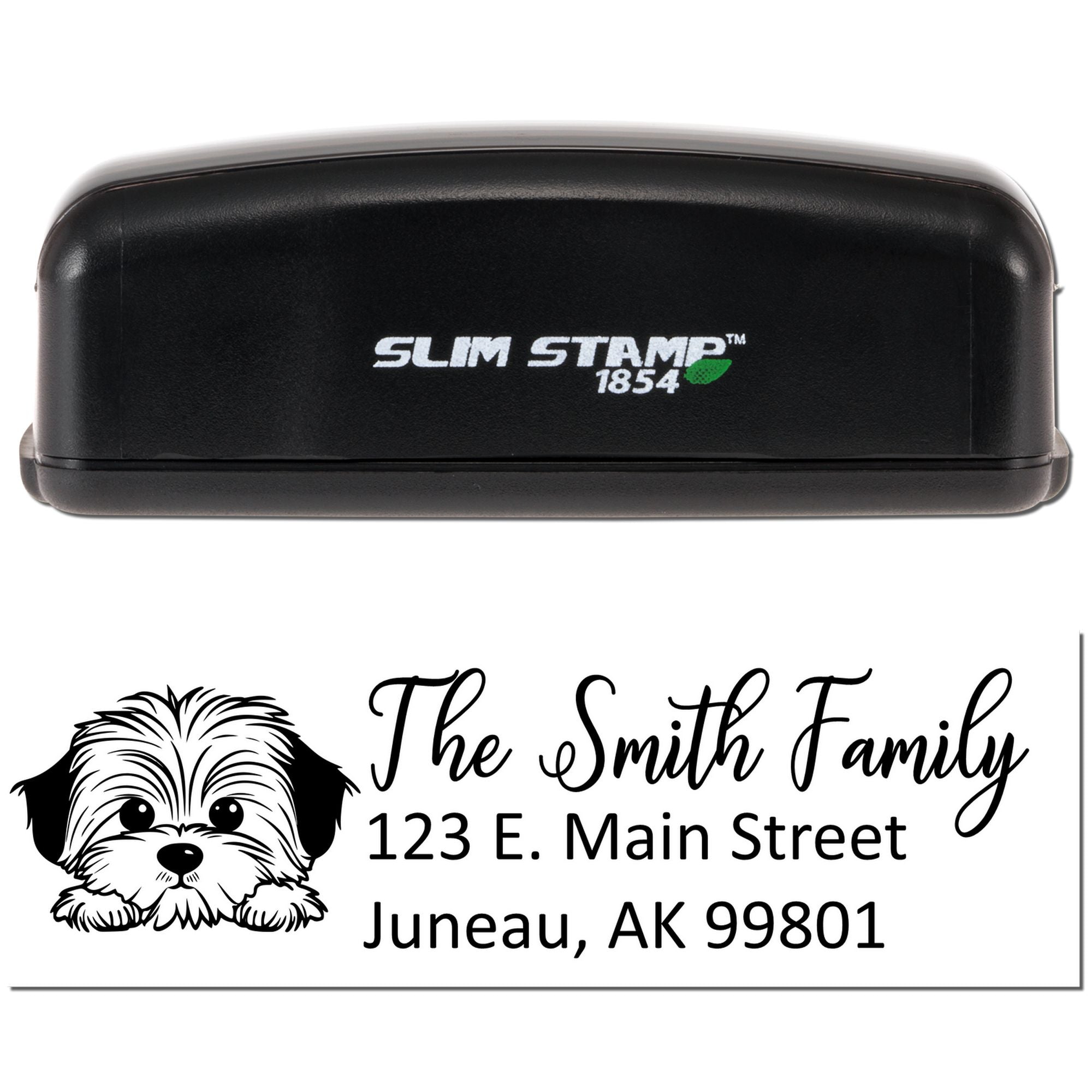 Custom self-inking address rubber stamp with dog illustration for personalized family mailing and return labels.