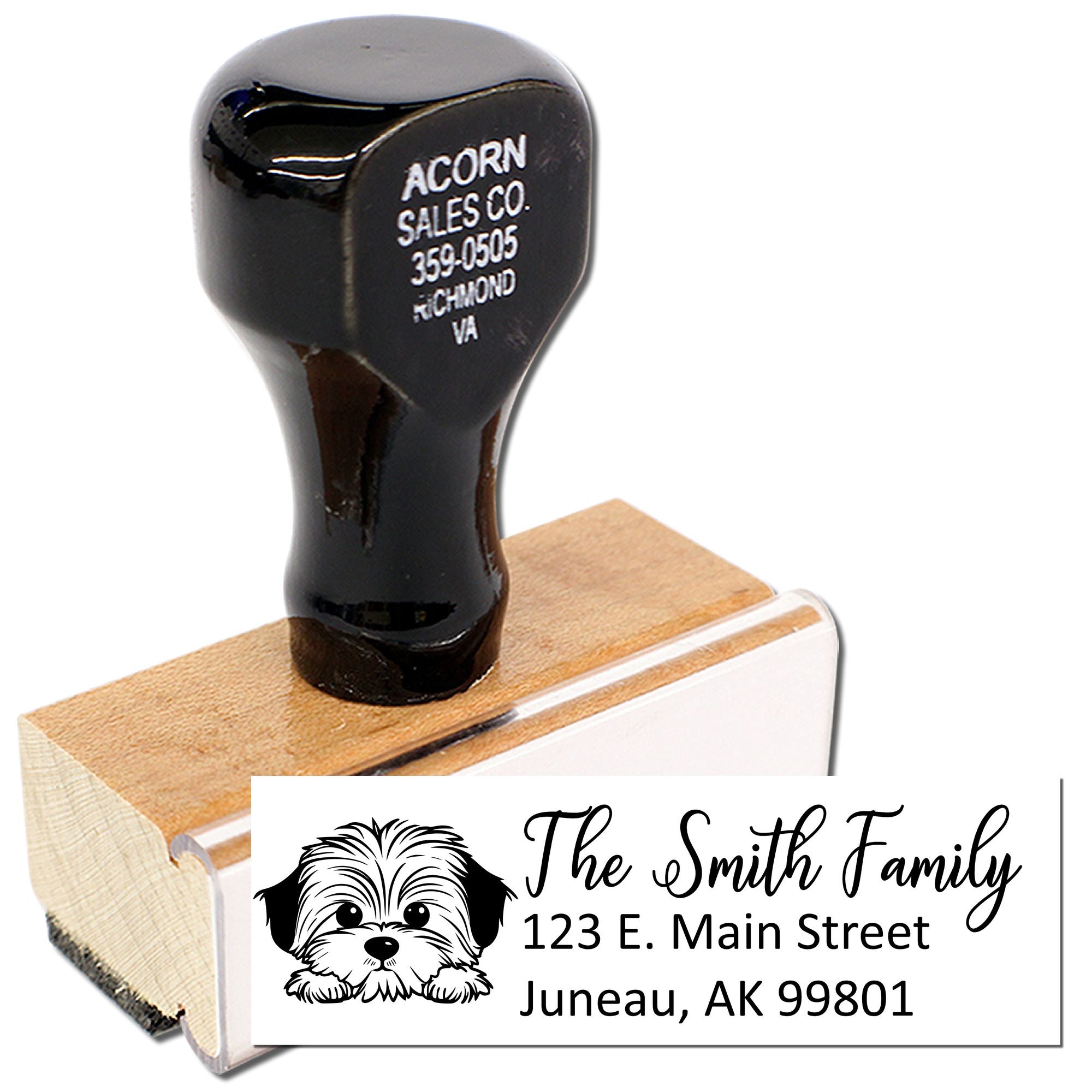 Personalized dog return address rubber stamp with family name, street address, and city state ZIP for mailing envelopes.