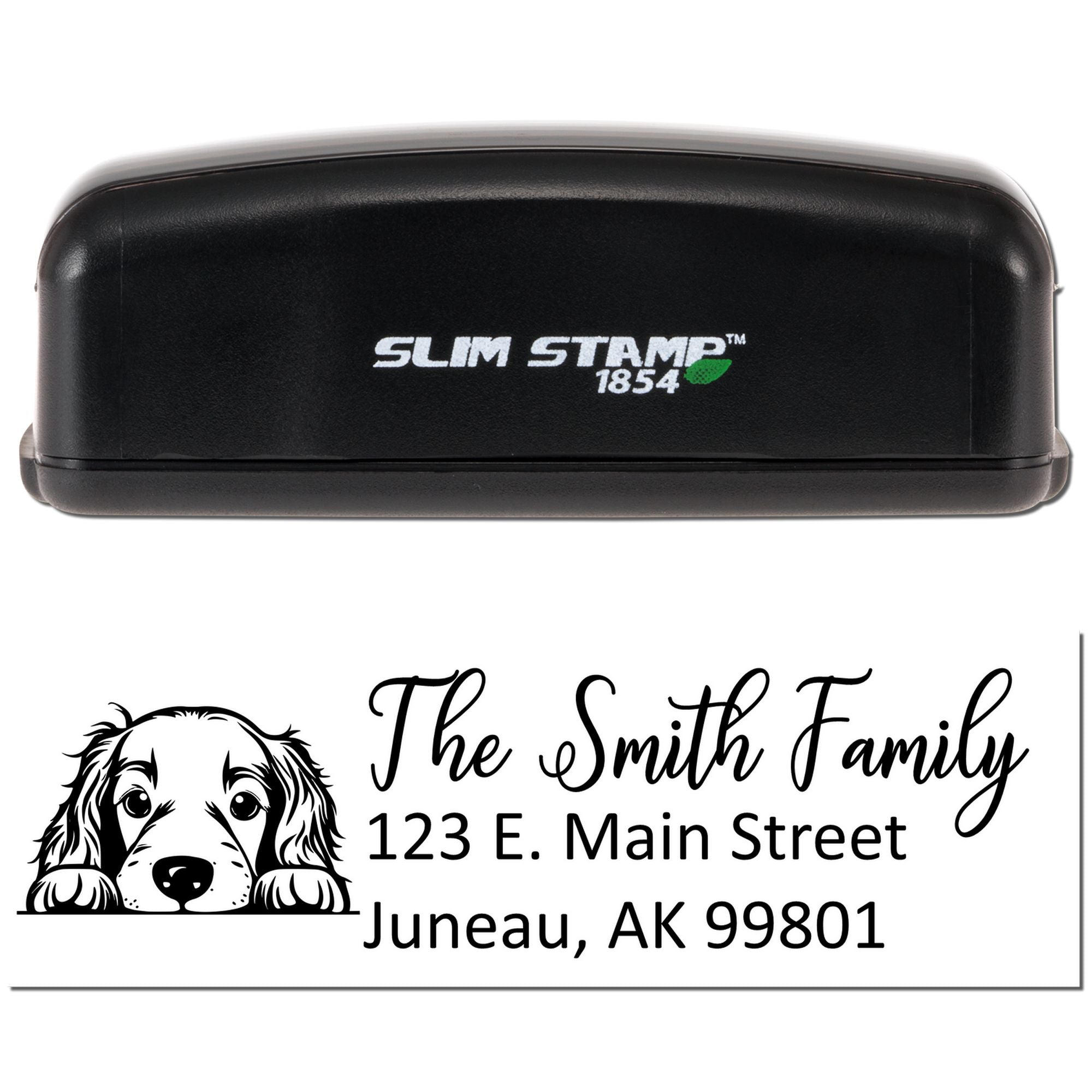Custom self-inking rubber stamp with dog design and return address for The Smith Family, Juneau, AK.