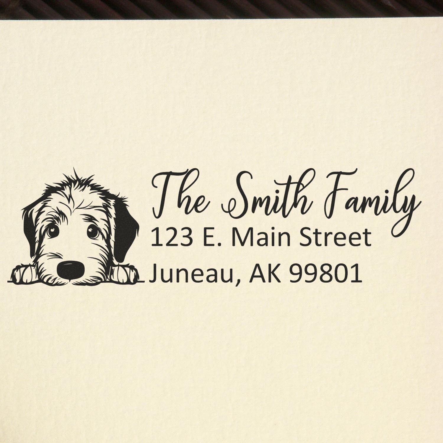 Custom family address rubber stamp with dog illustration, The Smith Family, 123 E. Main Street, Juneau, AK 99801