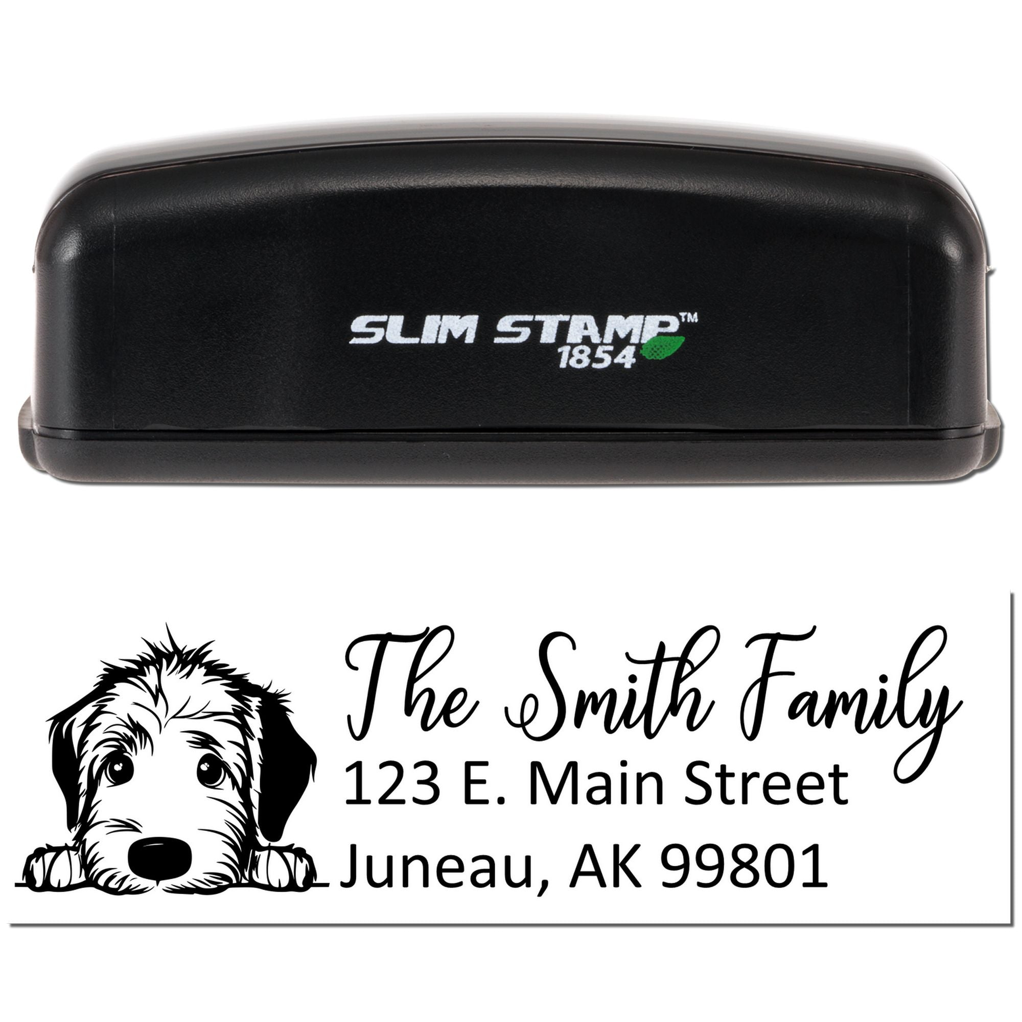 Custom return address rubber stamp with dog graphic, featuring Smith family name and mailing address.