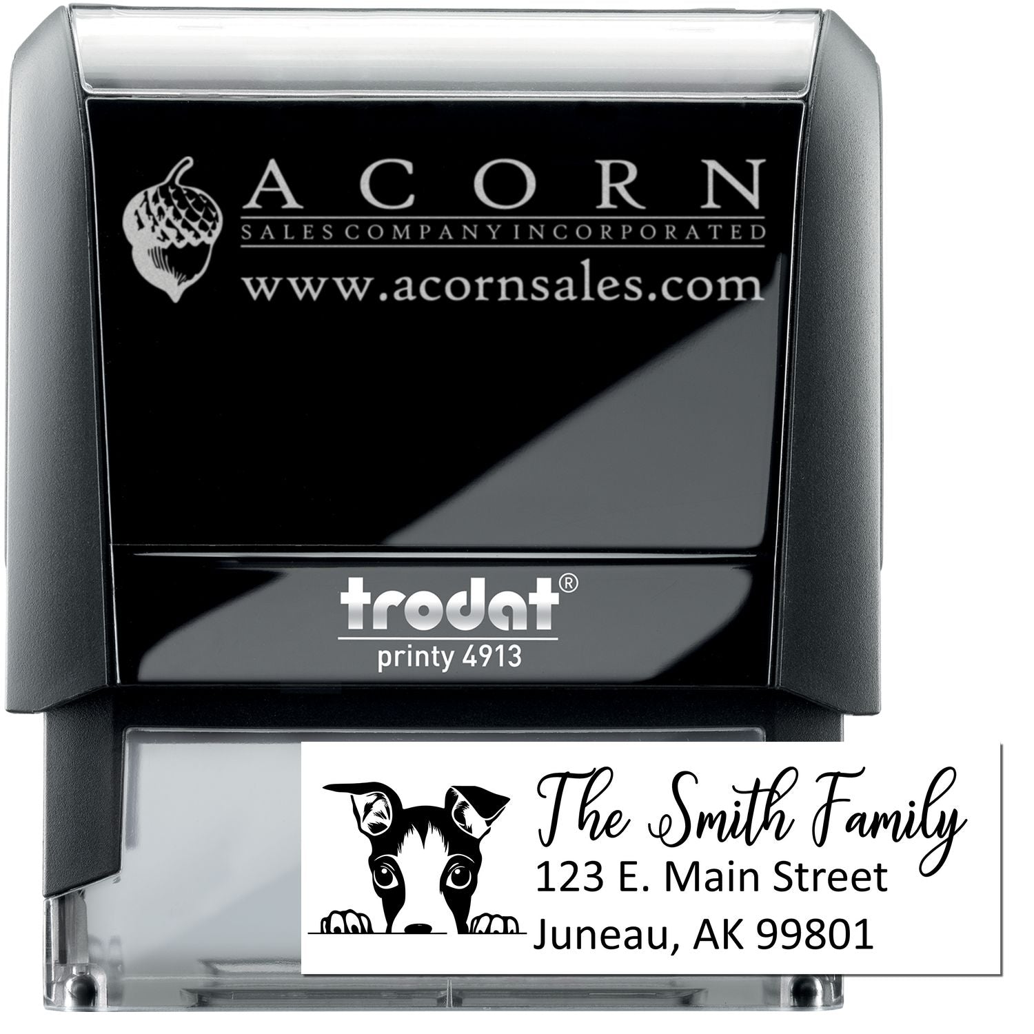 Custom self-inking rubber stamp examples: business logo stamp and personalized family address stamp on Trodat Printy 4913.