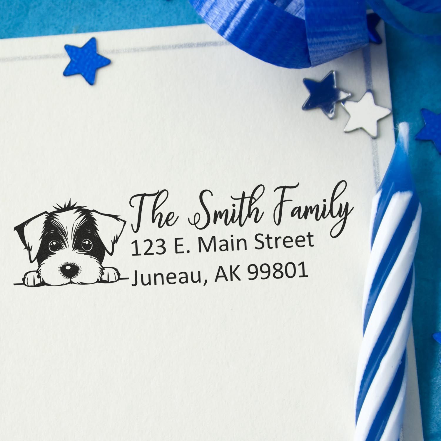 Personalized return address rubber stamp with puppy design for The Smith Family, Juneau, AK.