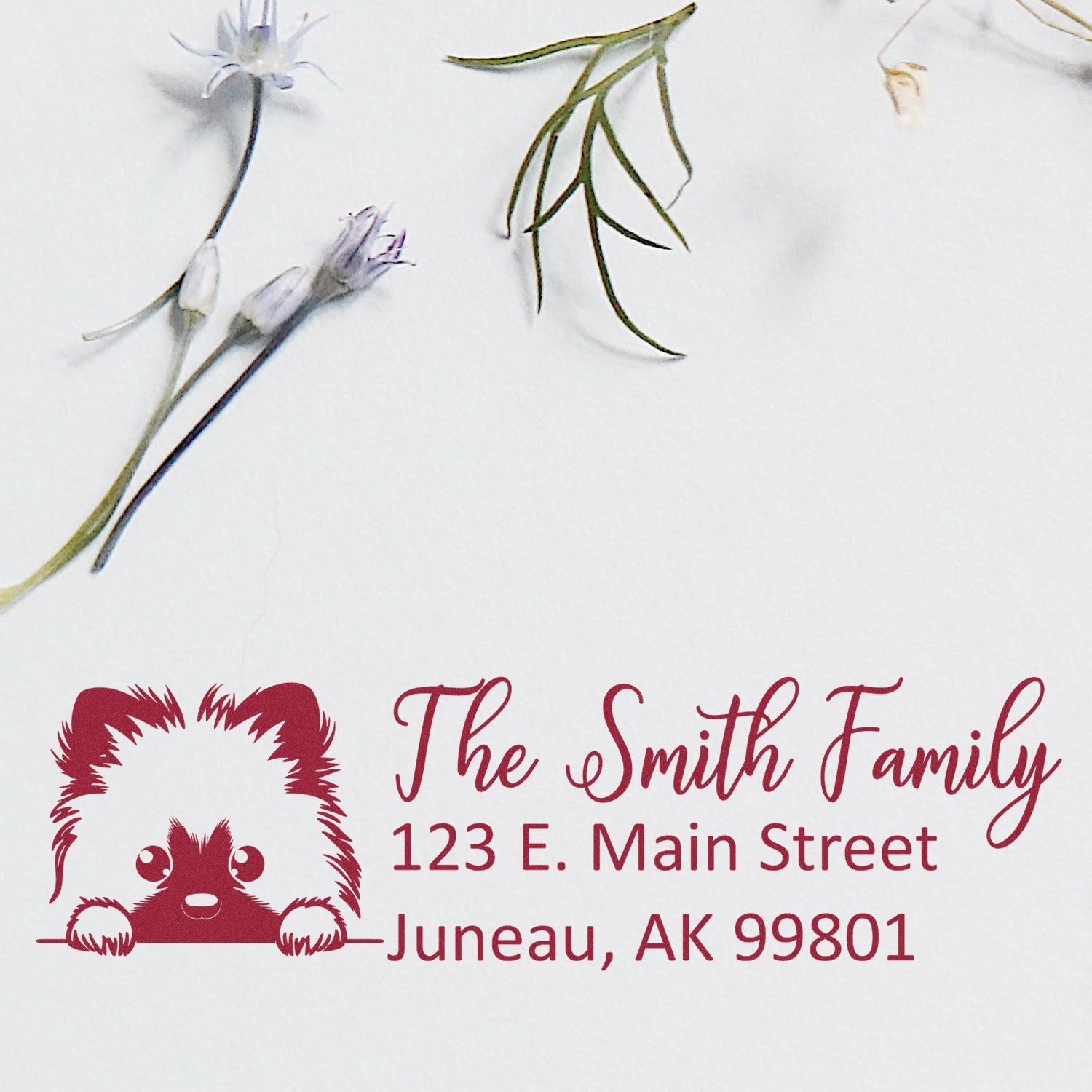Personalized rubber address stamp with bear design for The Smith Family, 123 E. Main Street, Juneau, AK 99801.