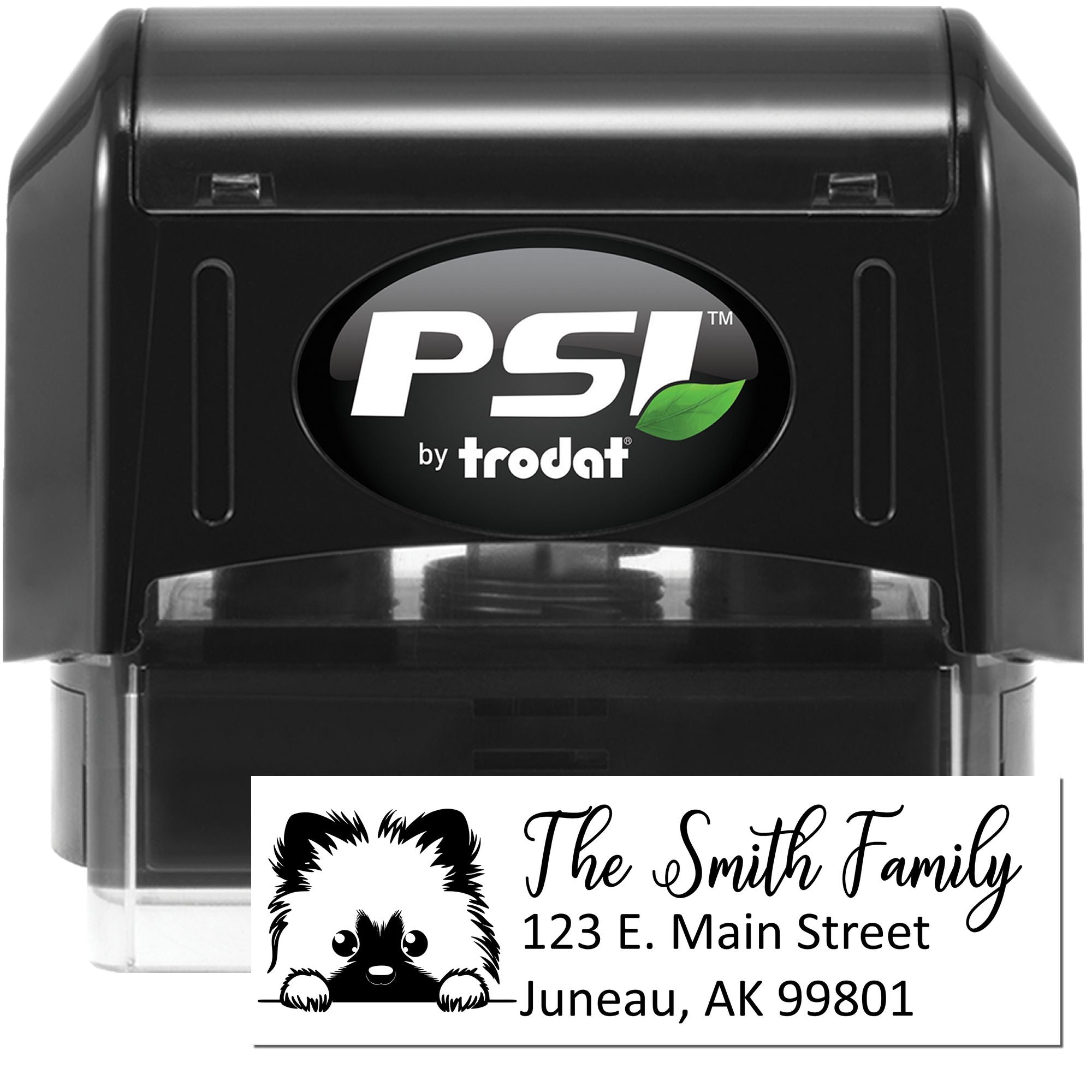 Custom self-inking address rubber stamp with dog design for The Smith Family, Juneau, AK 99801.