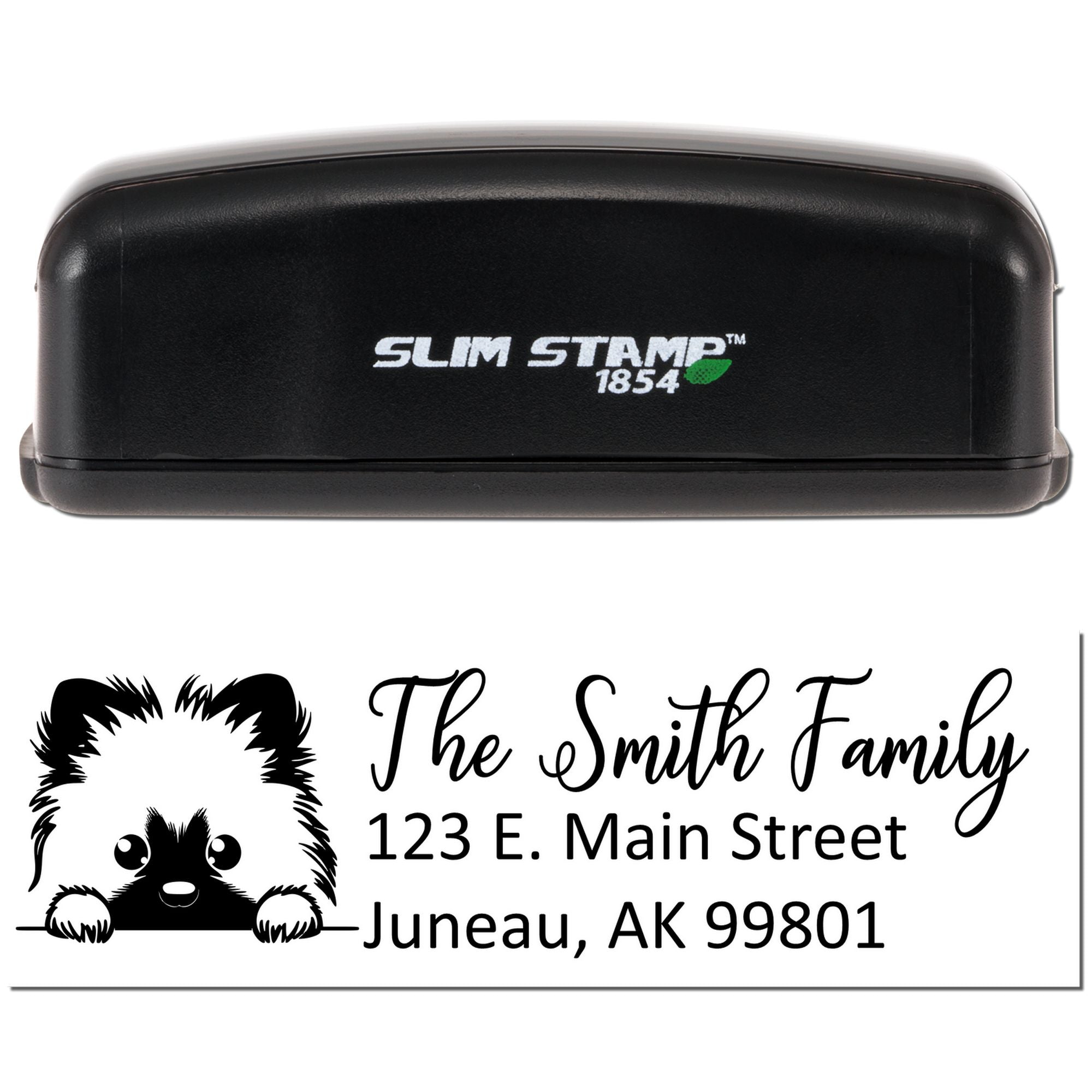Slim Stamp 1854 custom rubber return address stamp with dog graphic for The Smith Family, Juneau, AK