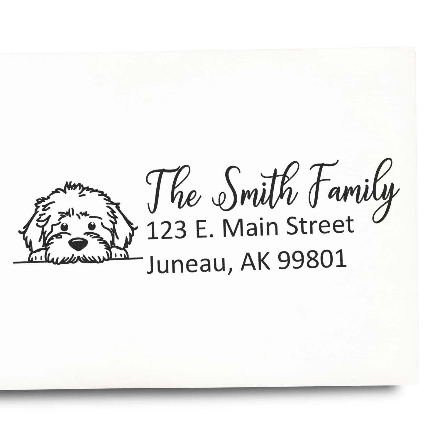 Personalized dog address rubber stamp with The Smith Family, 123 E. Main Street, Juneau, AK 99801