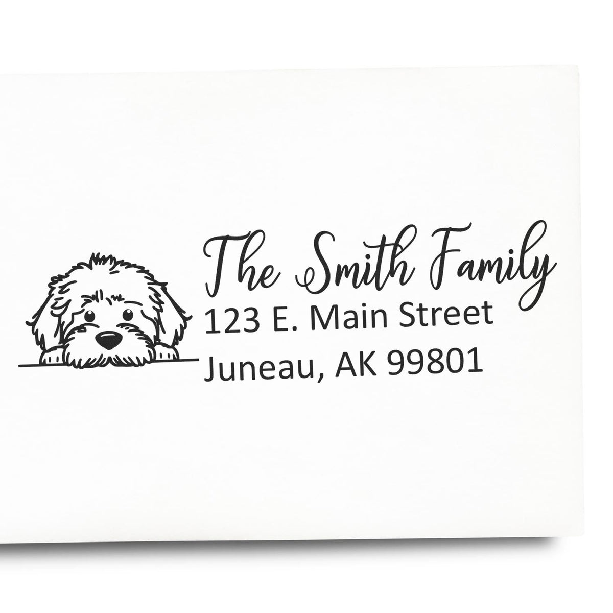 Custom dog address rubber stamp for The Smith Family with house address, Juneau AK, and pet portrait design.