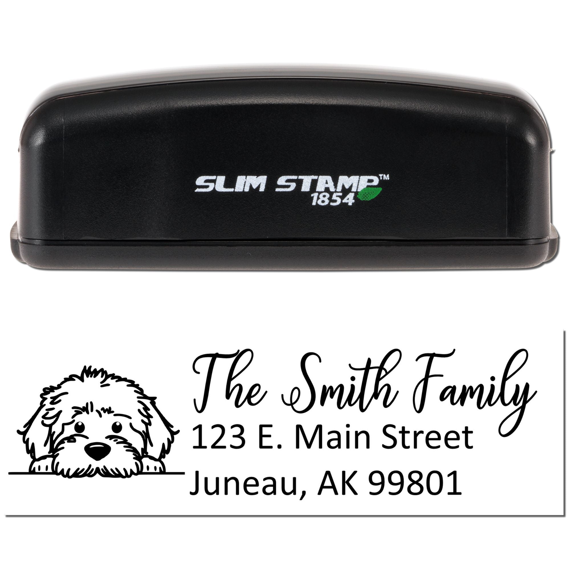 Slim Stamp 1854 custom self-inking rubber stamp with dog logo and return address, The Smith Family, Juneau, AK 99801
