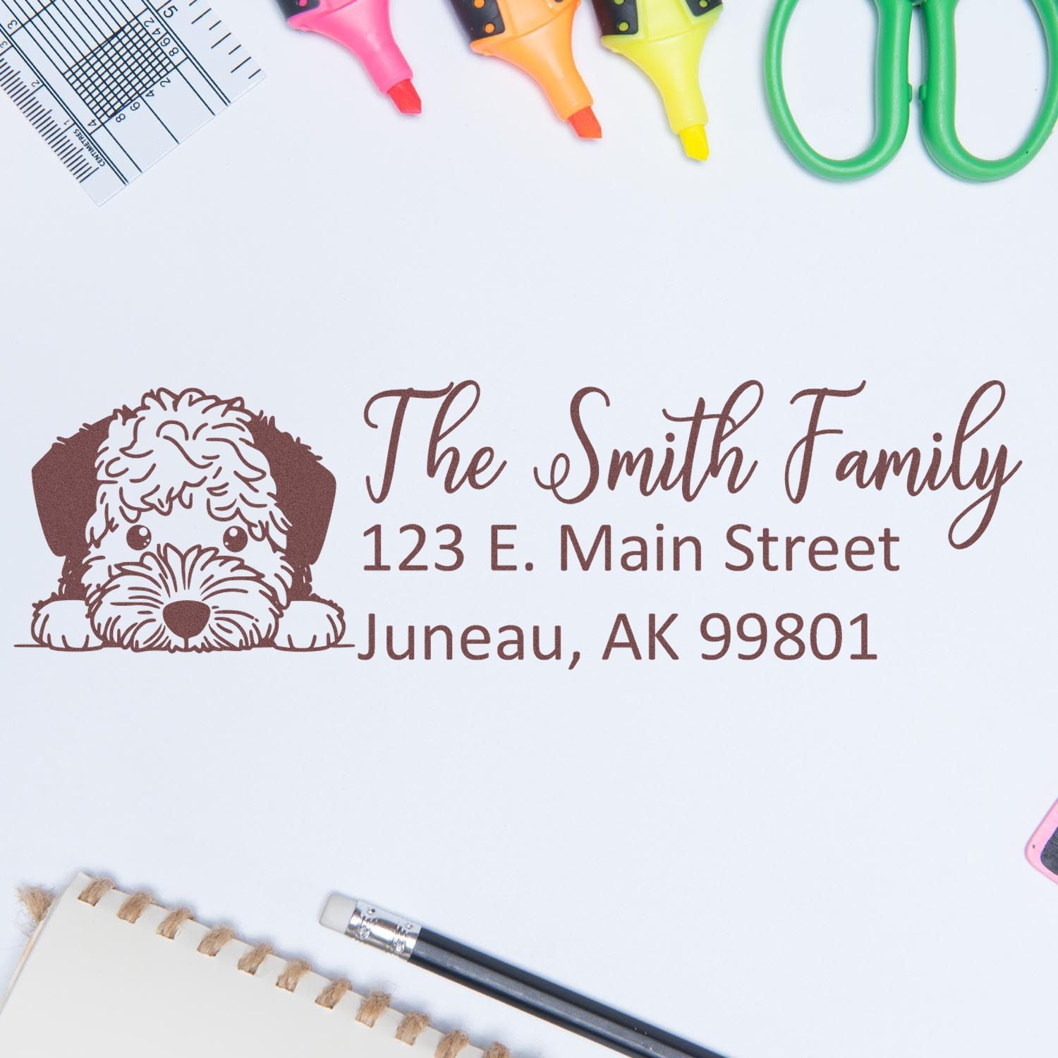 Personalized dog return address rubber stamp with The Smith Family, 123 E. Main Street, Juneau, AK 99801