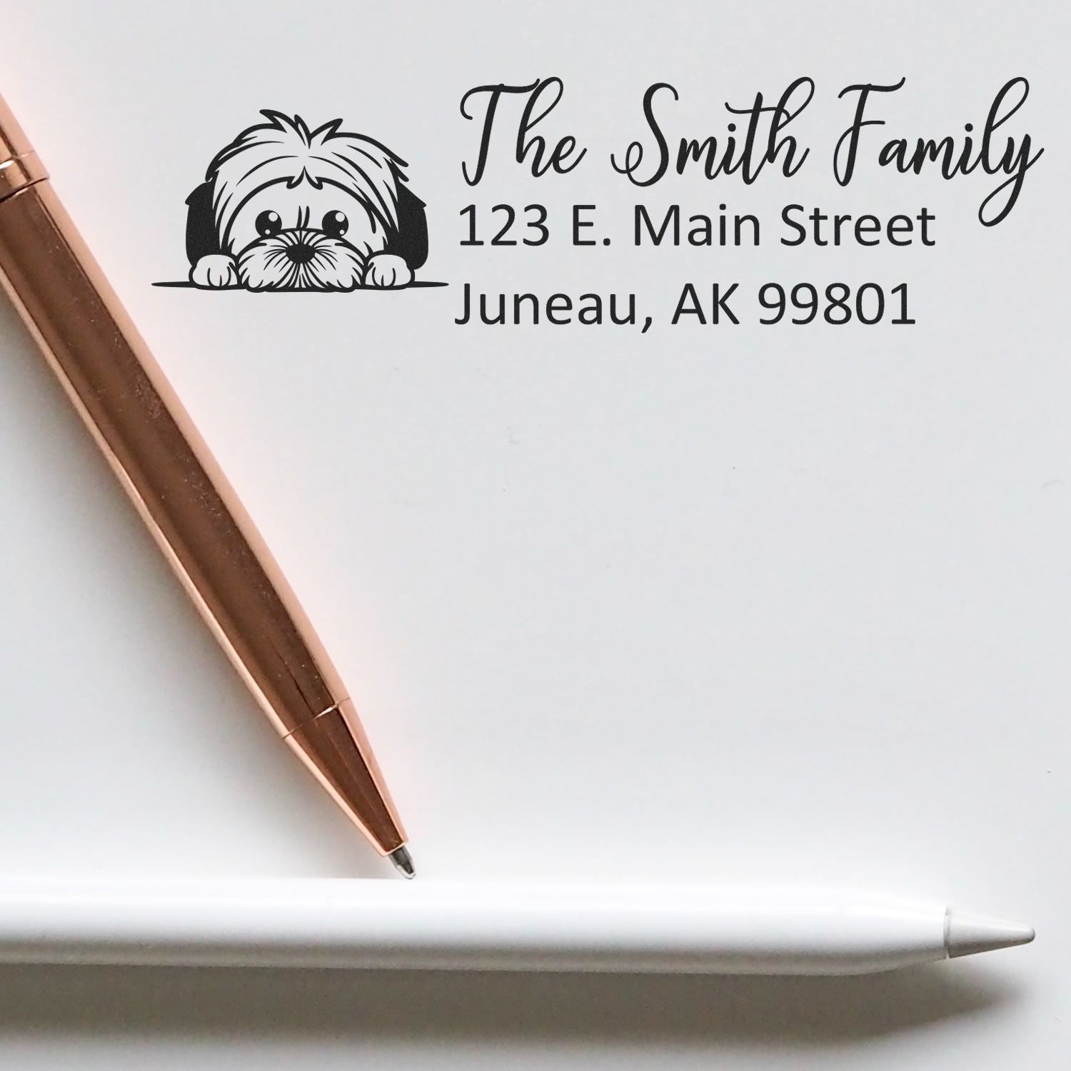 Custom dog return address rubber stamp for The Smith Family, with Juneau, AK address for stationery and envelopes.