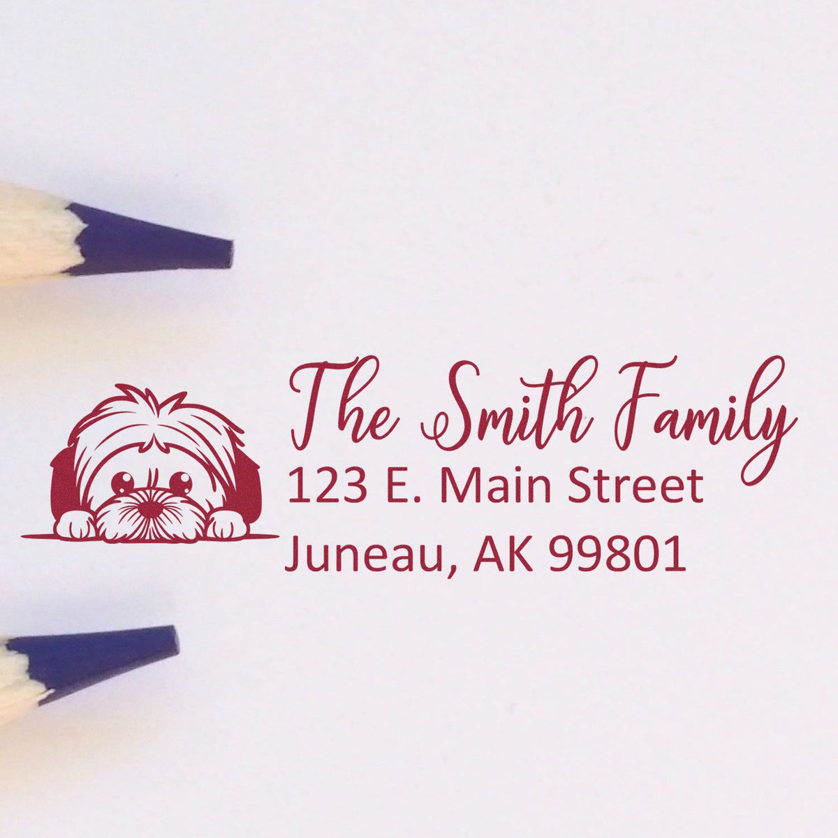 Custom family address rubber stamp with dog illustration, featuring The Smith Family and Juneau, AK return address.
