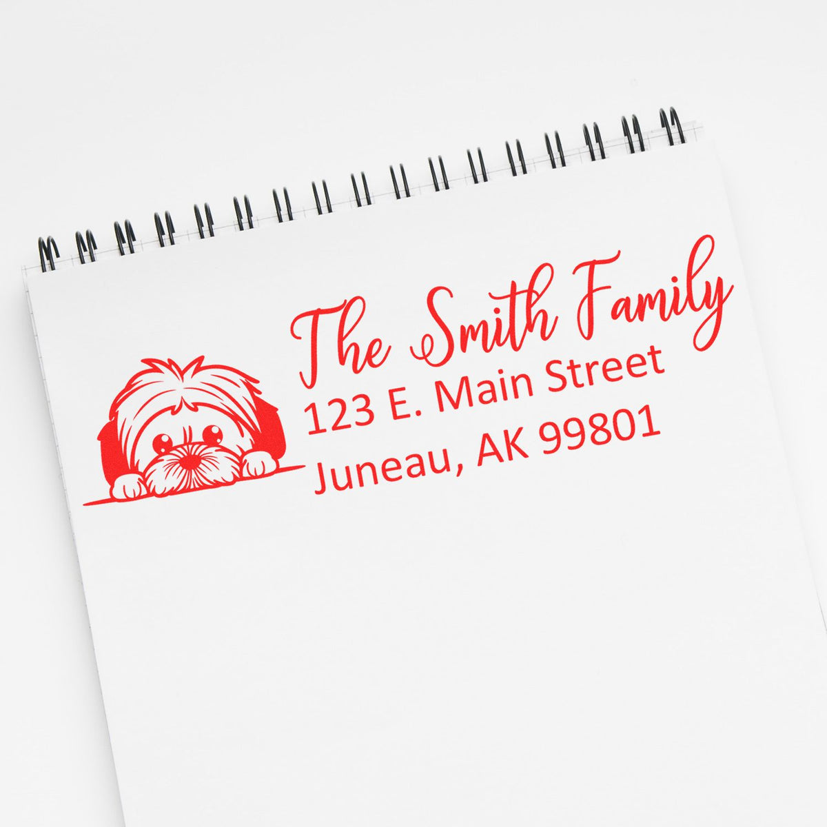 Custom family address rubber stamp with dog illustration, featuring The Smith Family and Juneau, AK return address.