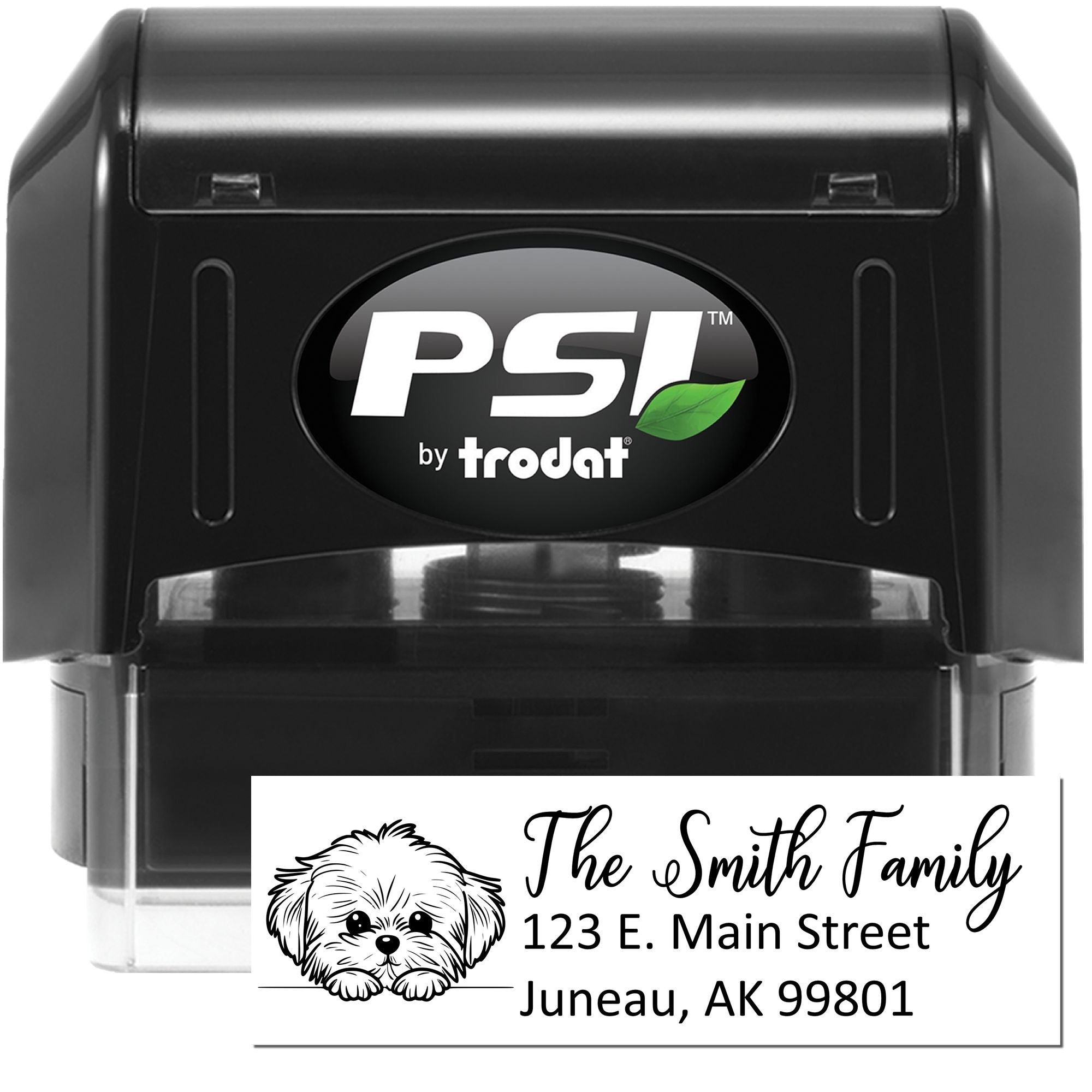 PSI by Trodat self-inking custom return address rubber stamp with dog design for The Smith Family mailing address.