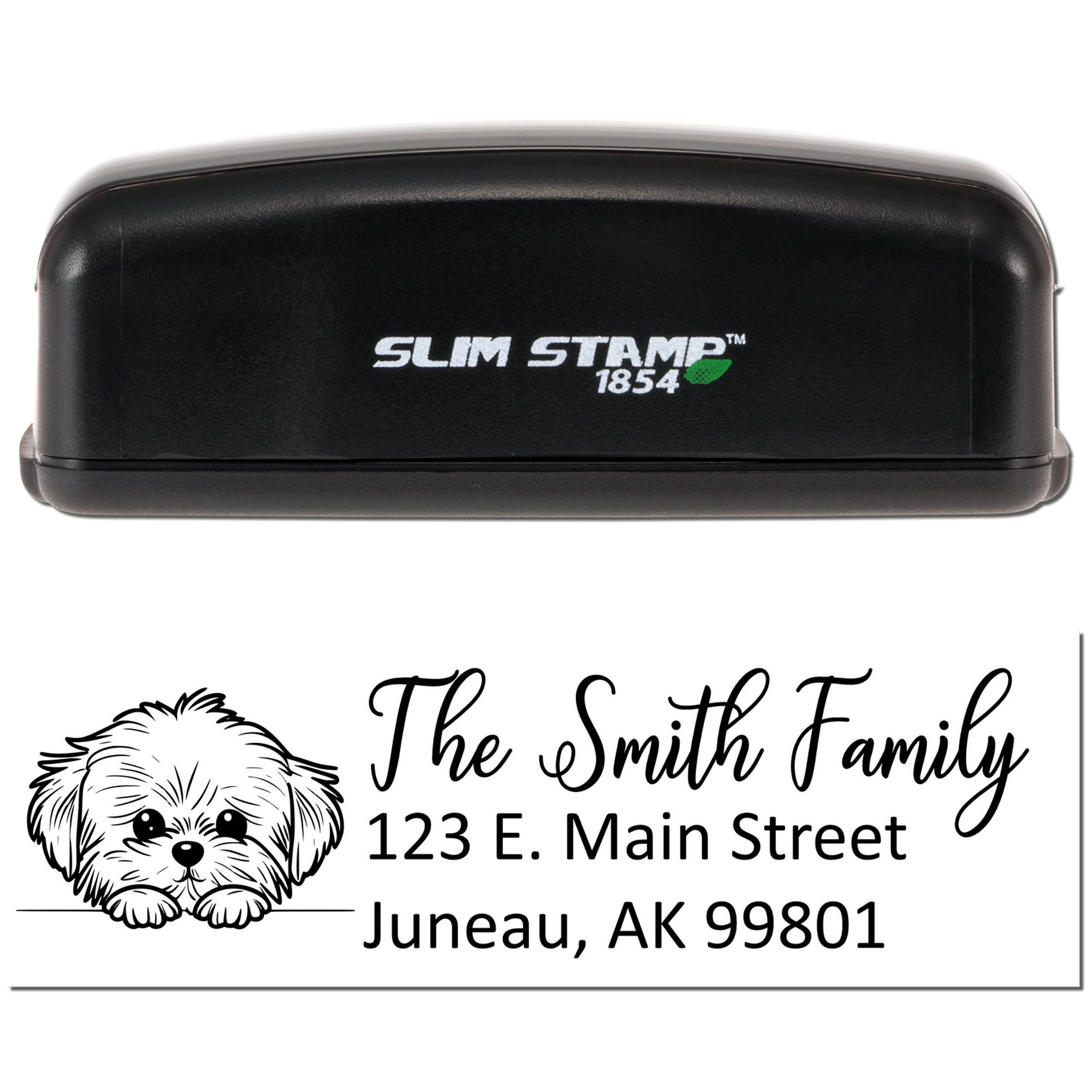 Custom dog address rubber stamp with Slim Stamp 1854 self-inking stamp and personalized family return address.