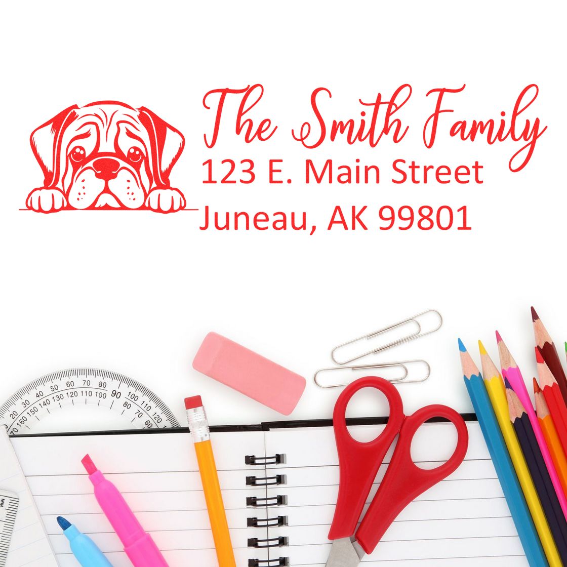 Custom bulldog family return address rubber stamp with Smith family name and Juneau, AK mailing address.