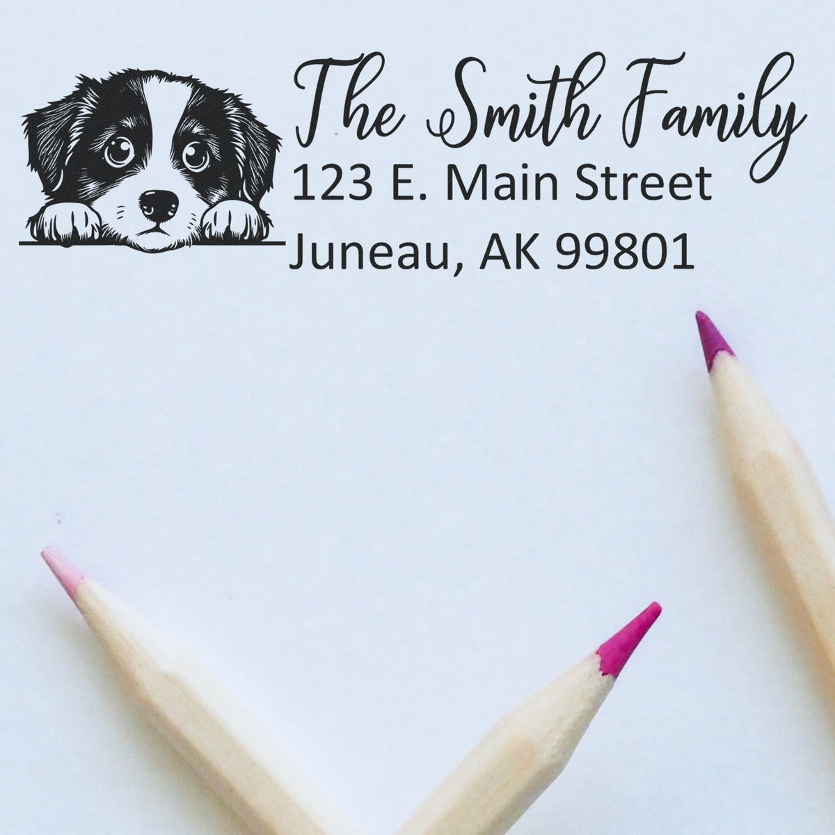 Personalized dog return address rubber stamp with puppy face, The Smith Family, Juneau, AK 99801.
